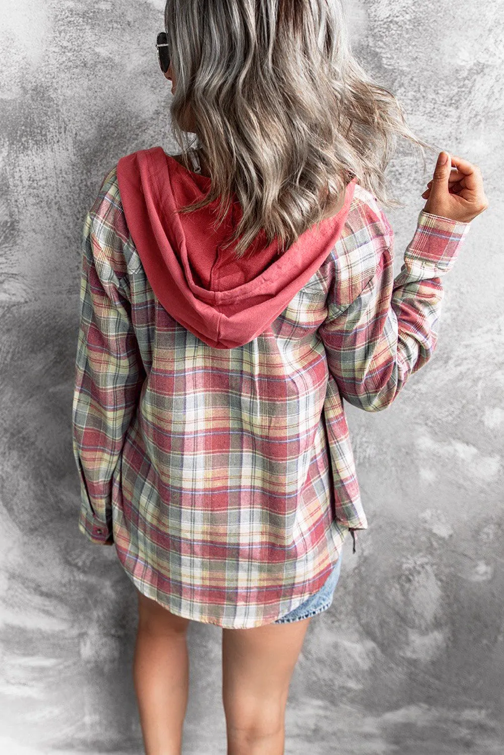 Drawstring Plaid Hooded Shirt Coat