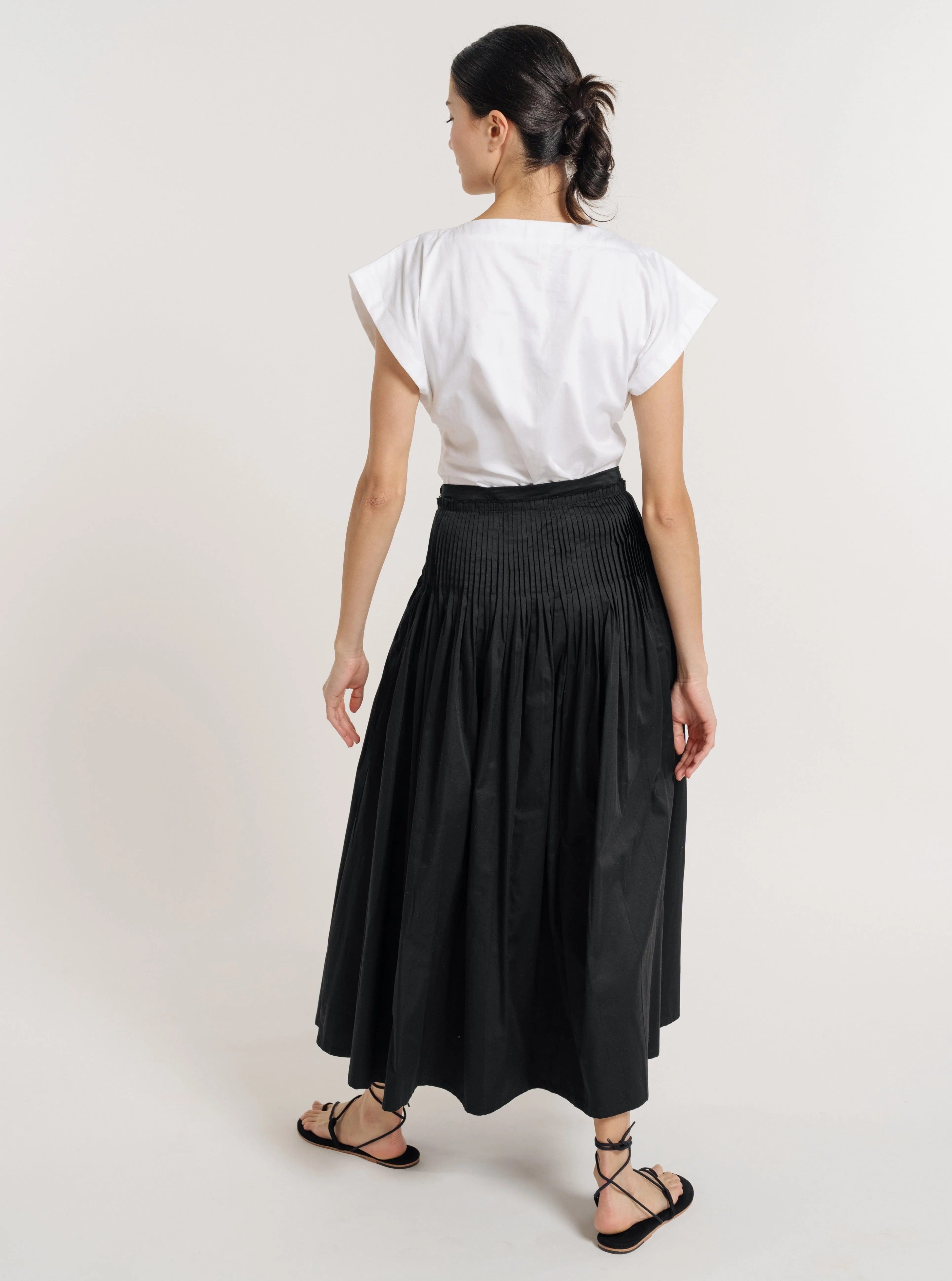 Drop Waist Pleated Skirt - Black Poplin - L - XL