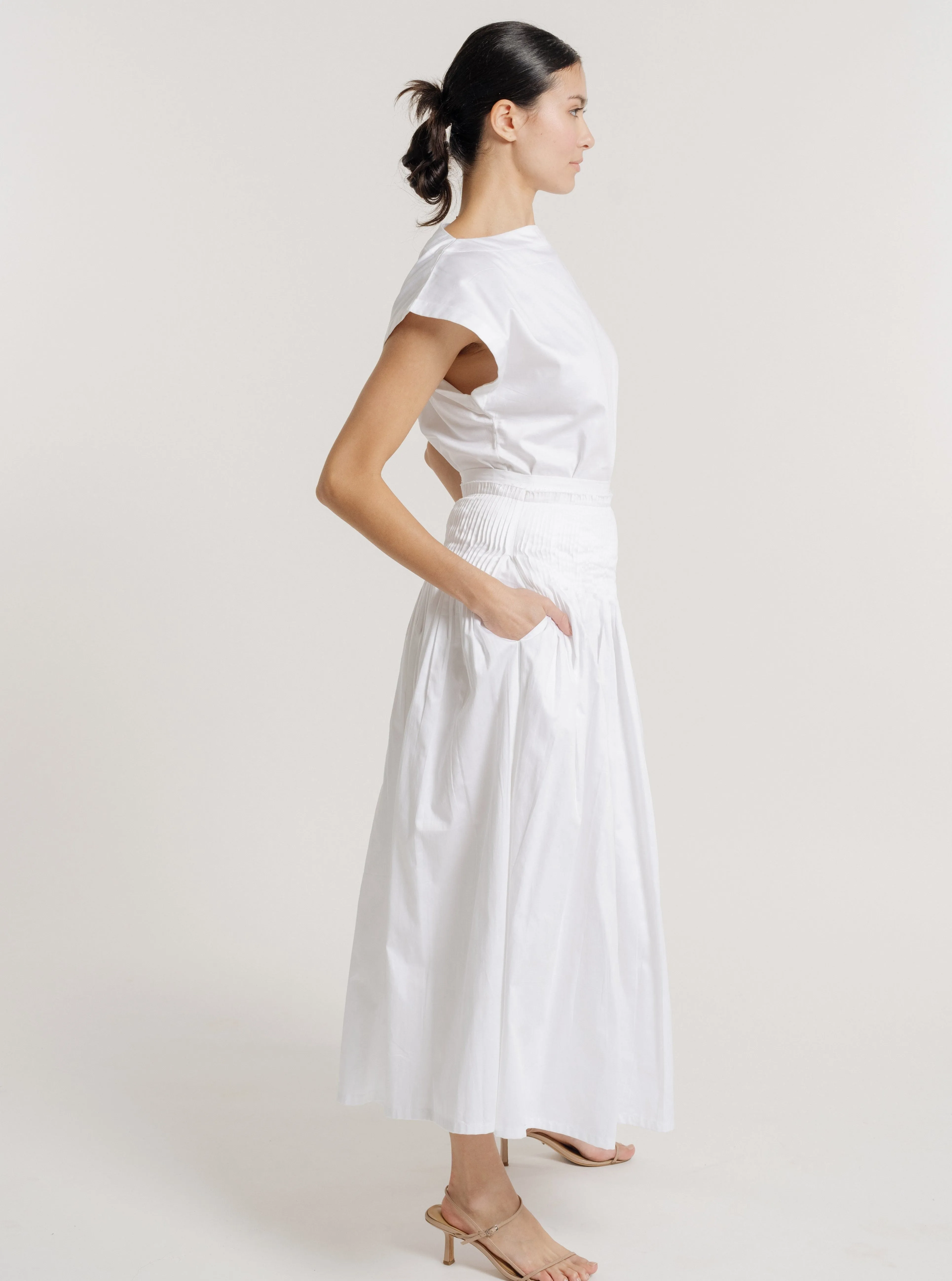 Drop Waist Pleated Skirt - White Poplin