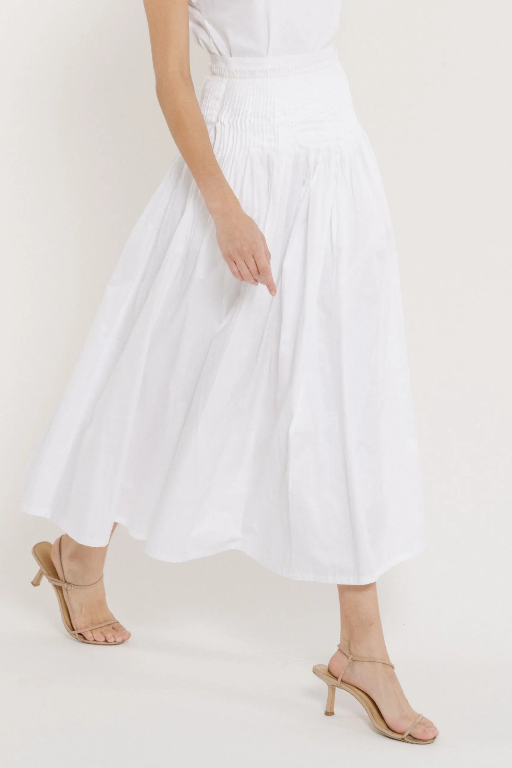 Drop Waist Pleated Skirt - White Poplin