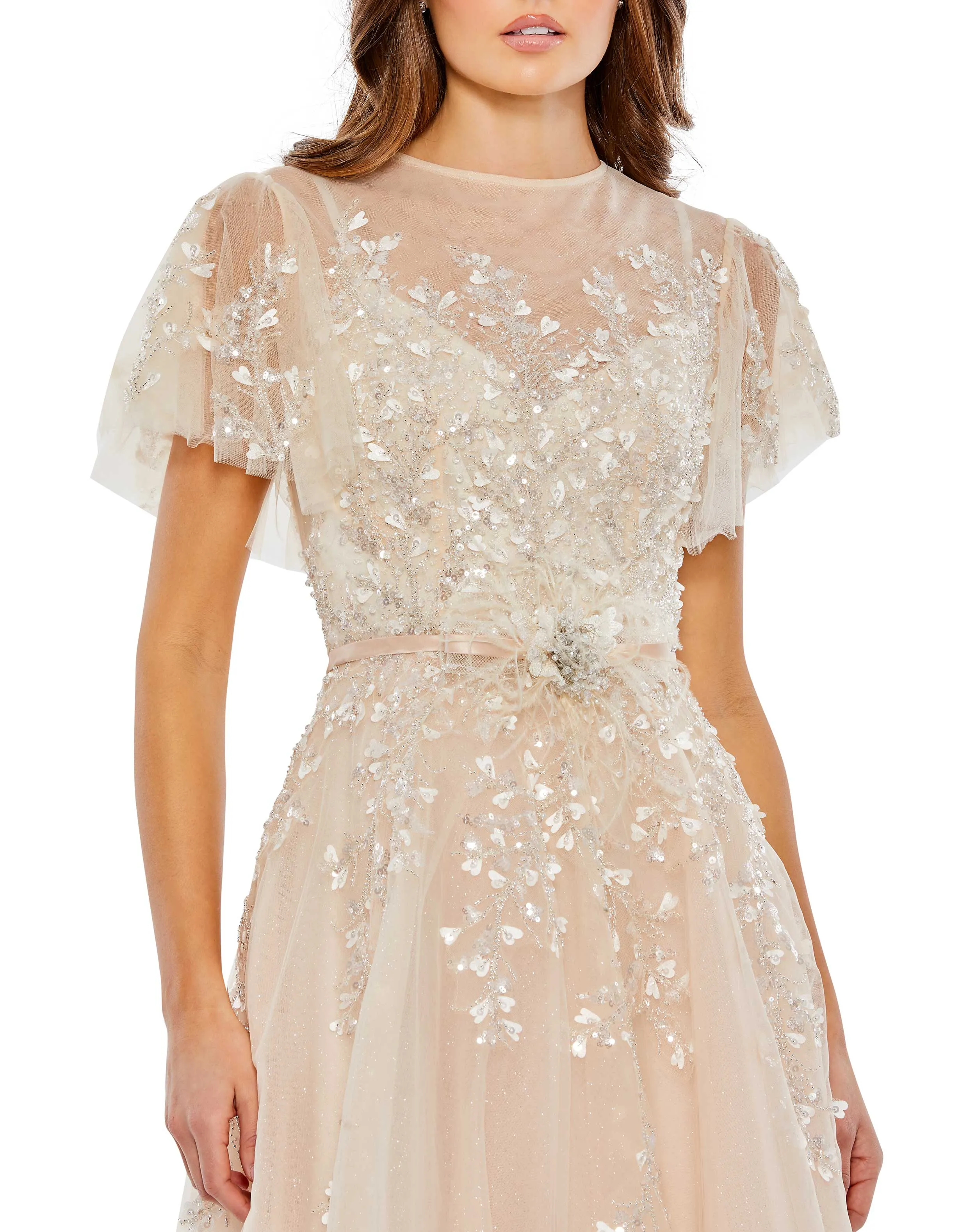 Embellished Flutter Sleeve Bow Waist A Line Dress