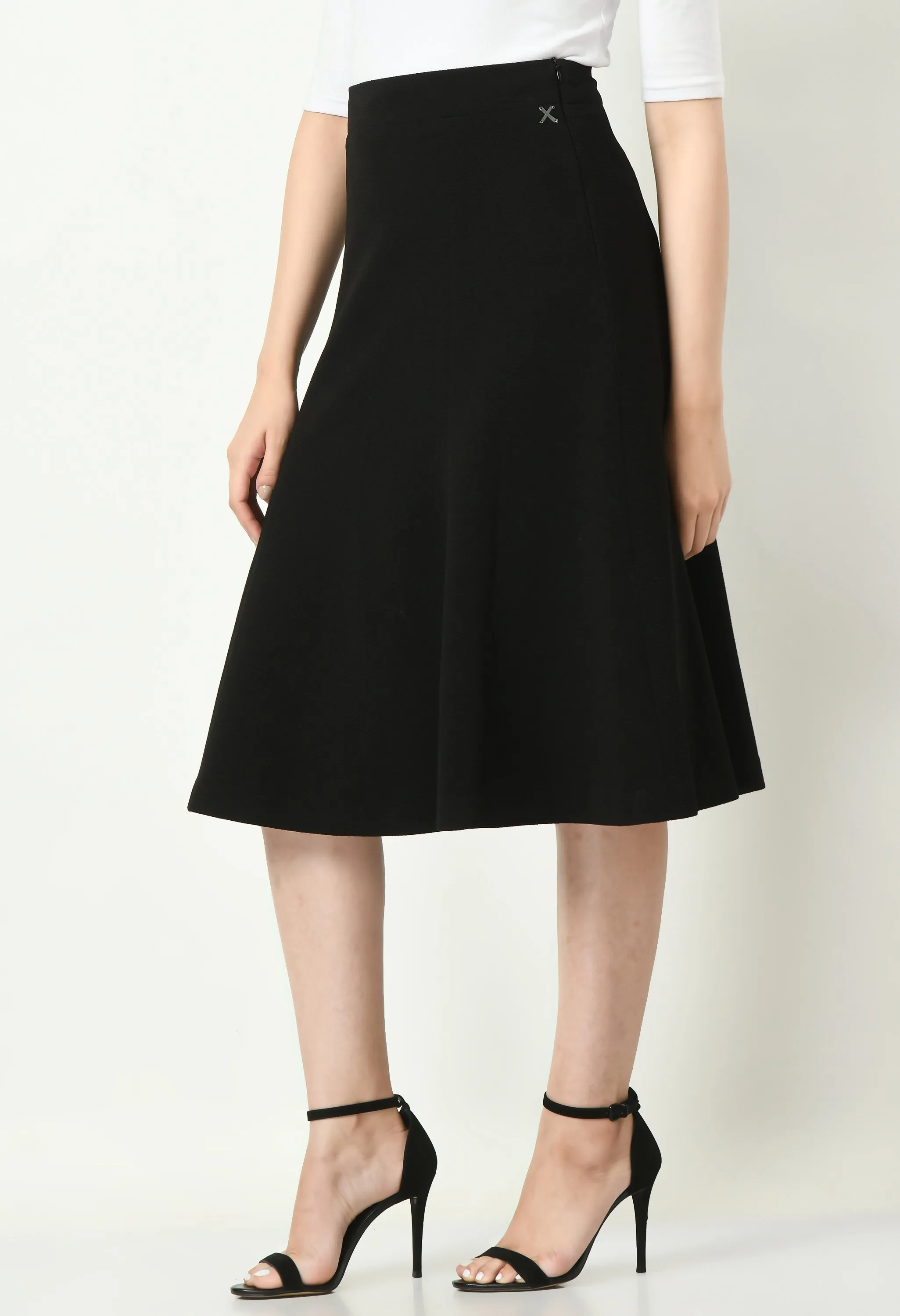 Exude Exuberant Mandarin Collar Blazer with Midi A-line Skirt (Black)