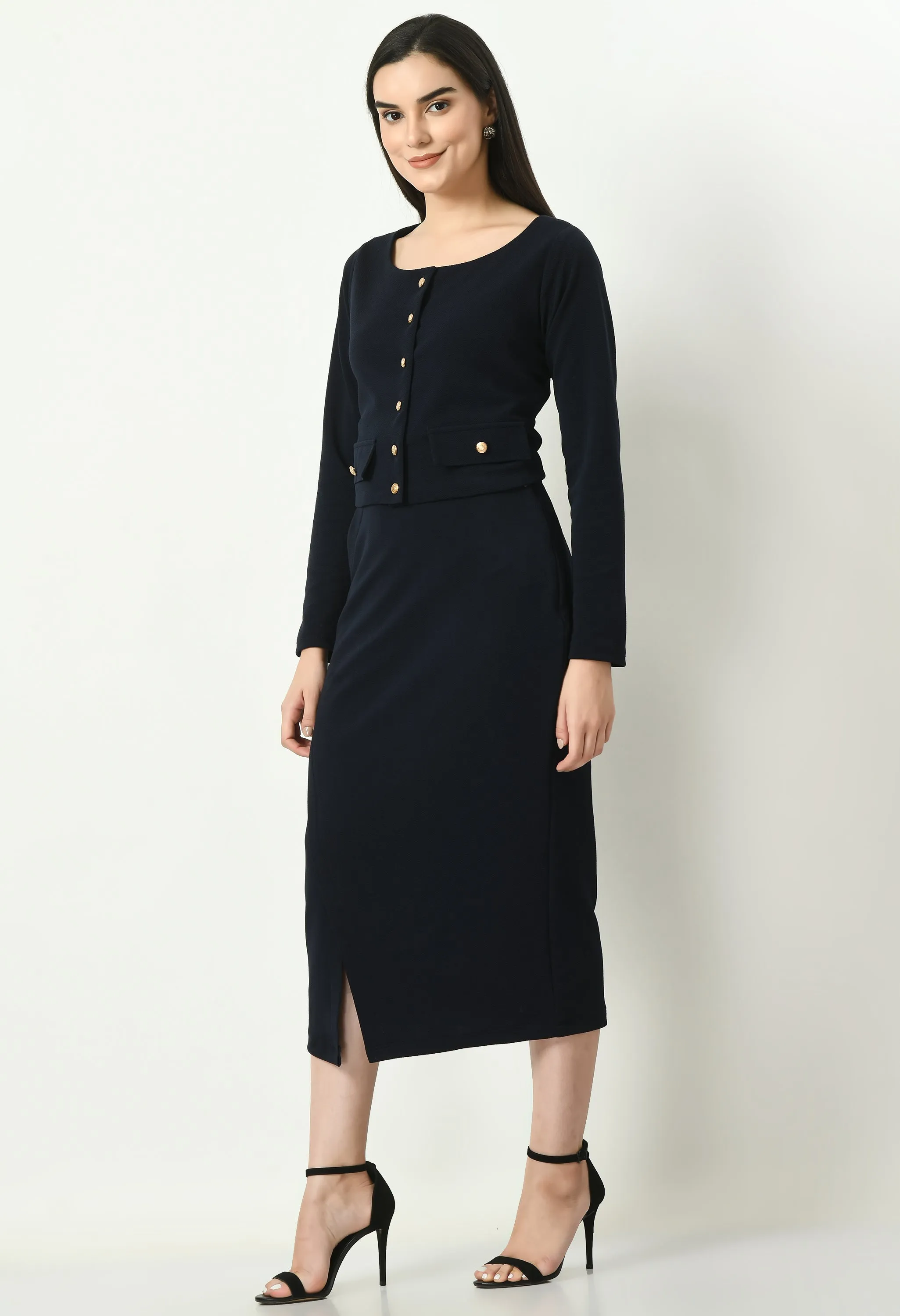 Exude Invincible Crop Blazer Top with Front Slit Midi Skirt (Navy)