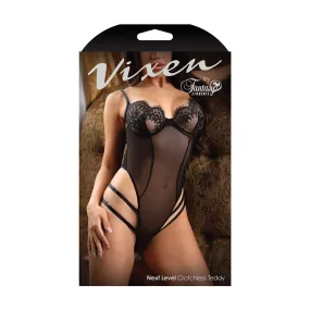 Fantasy Lingerie Vixen Next Level Strappy Crotchless Teddy with Lace Underwire Cups Black O/S