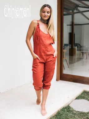 Fitted Linen Jumpsuit 3/4 / Women Midi Overalls with Pockets & Back Zip / Red Ochre