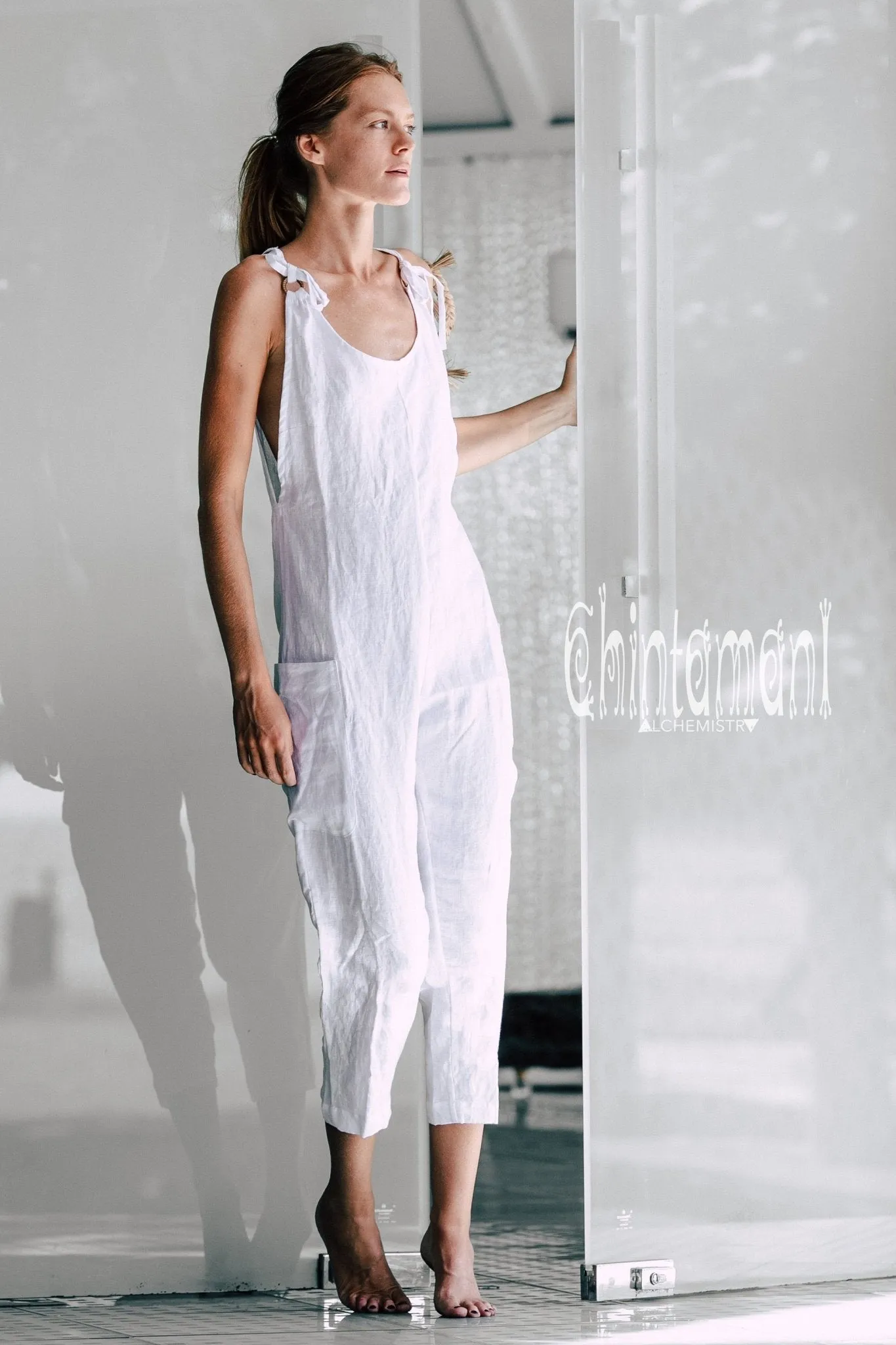 Fitted Linen Jumpsuit 3/4 / Women Midi Overalls with Pockets & Back Zip / White