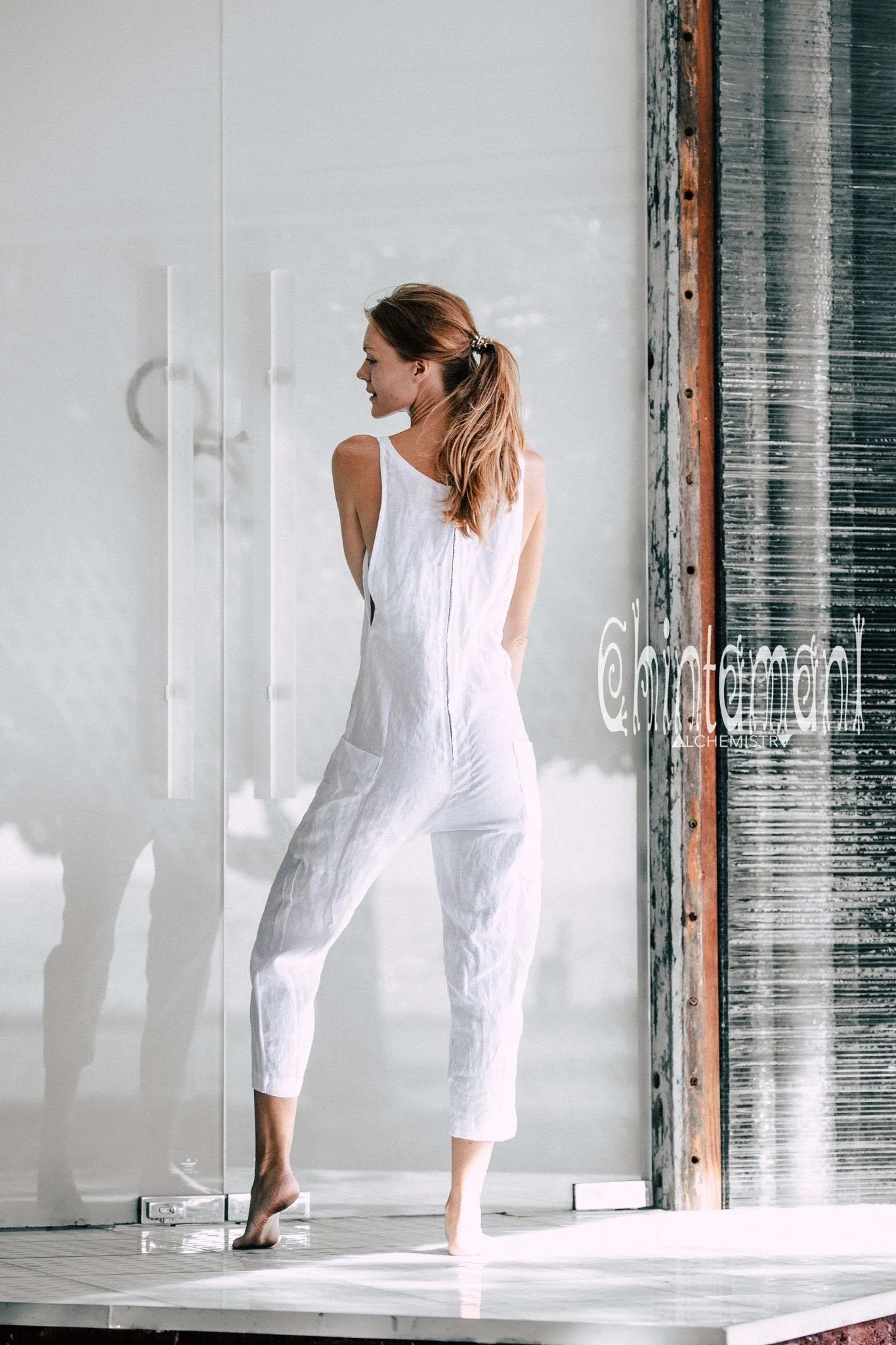 Fitted Linen Jumpsuit 3/4 / Women Midi Overalls with Pockets & Back Zip / White