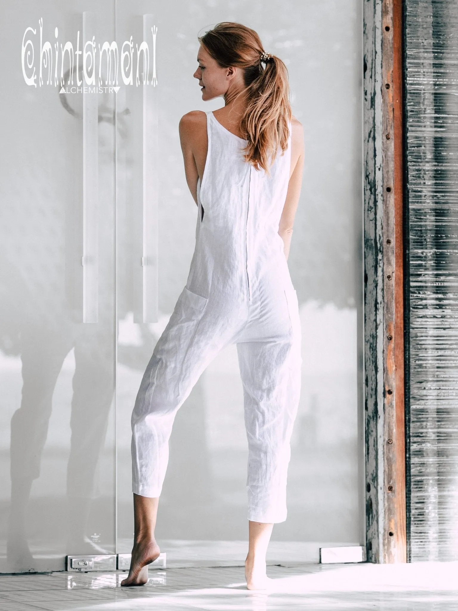 Fitted Linen Jumpsuit 3/4 / Women Midi Overalls with Pockets & Back Zip / White