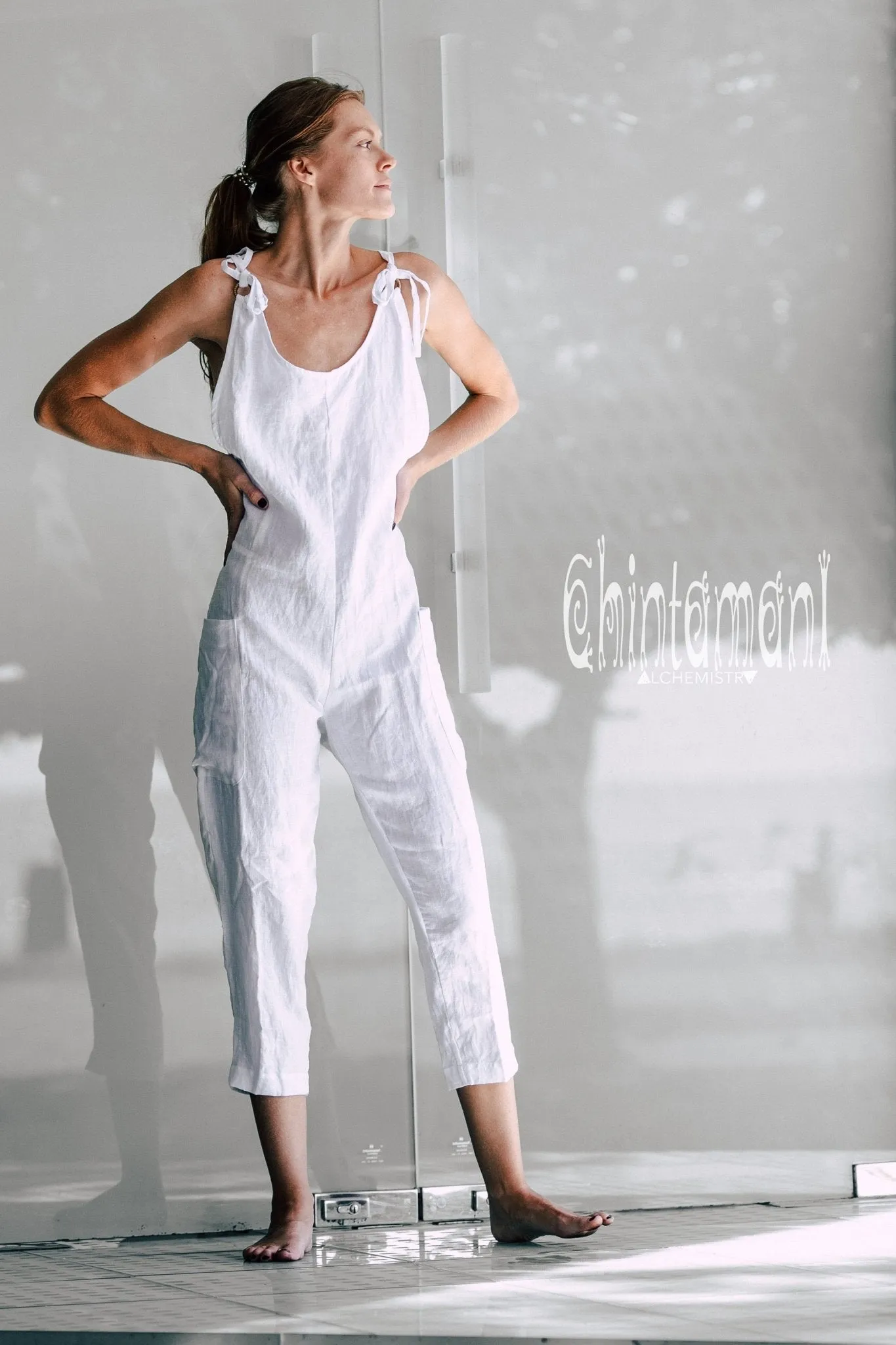 Fitted Linen Jumpsuit 3/4 / Women Midi Overalls with Pockets & Back Zip / White