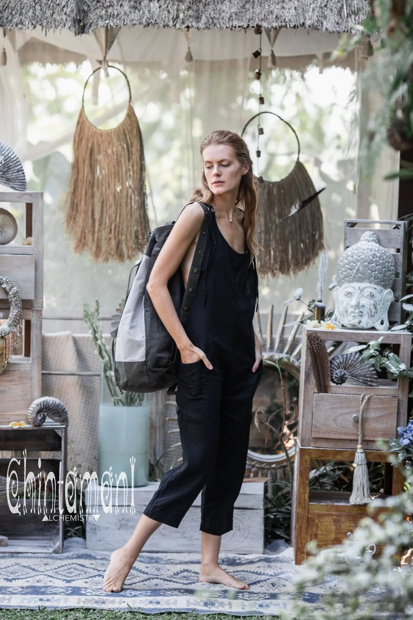 Fitted Linen Jumpsuit 3/4 / Women Midi Overalls with Pockets and Back Zip / Black