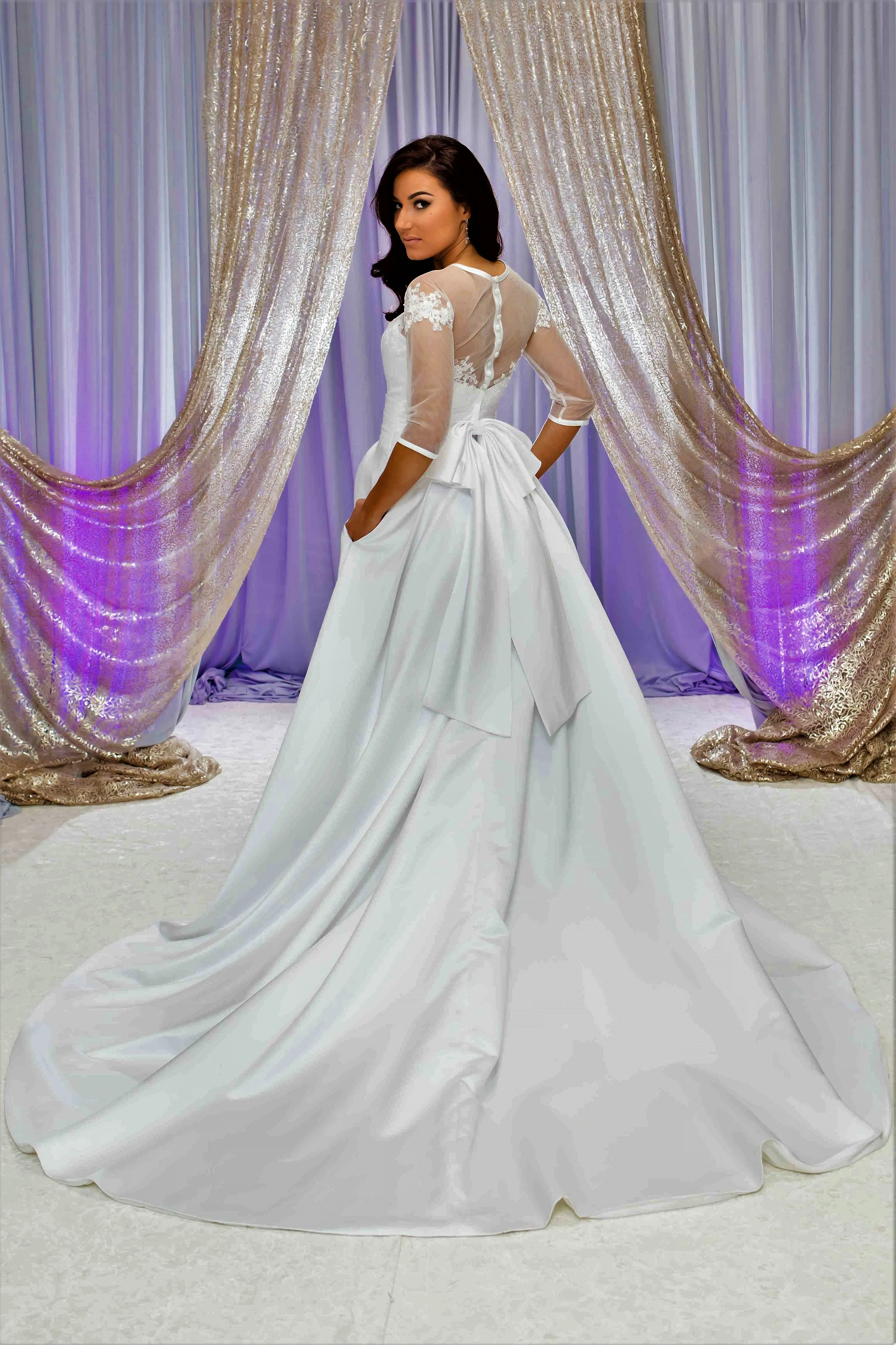 FLORET Illusion Neckline 3/4 Sleeves Satin White Ball Bridal Gown