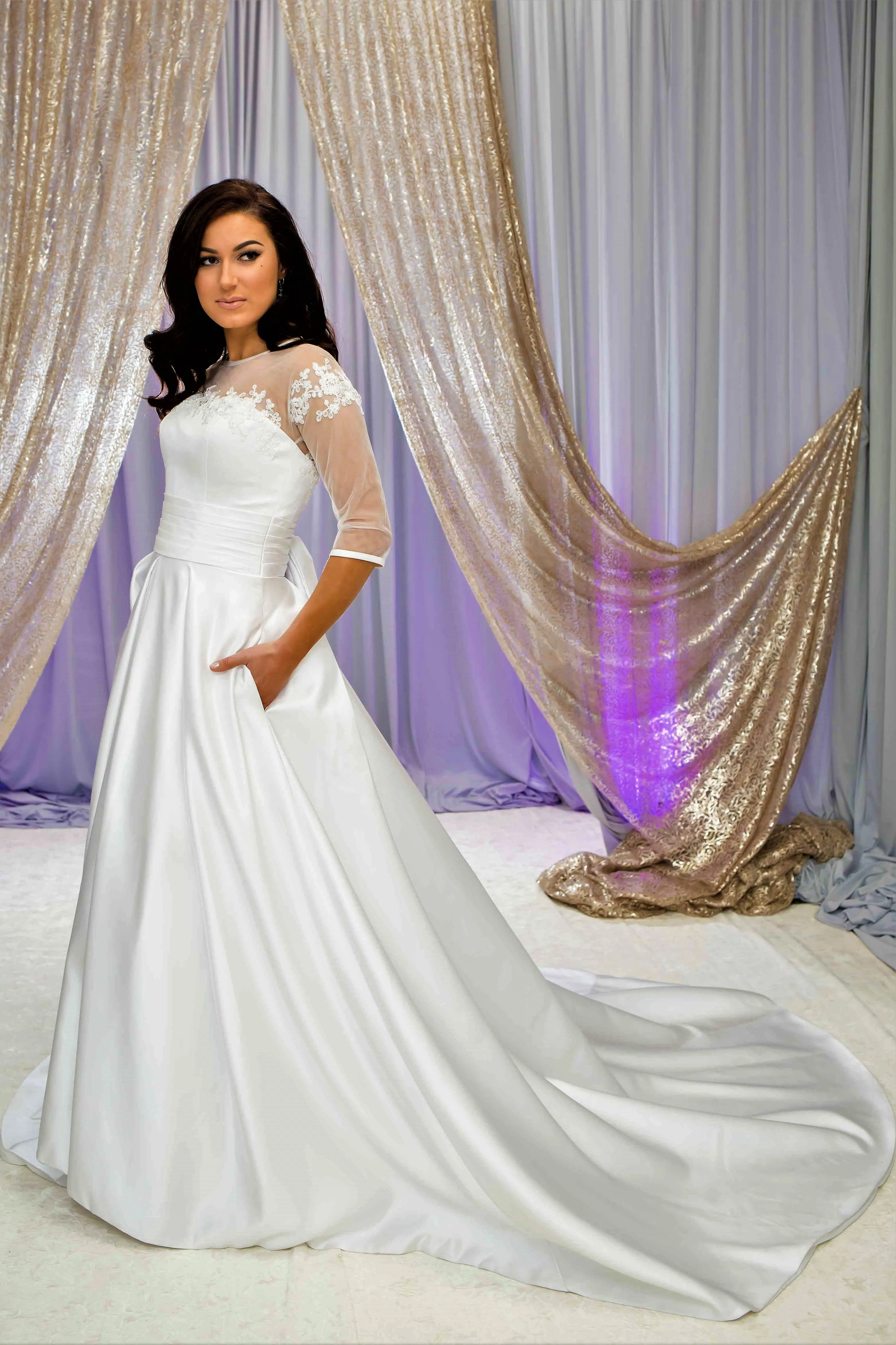 FLORET Illusion Neckline 3/4 Sleeves Satin White Ball Bridal Gown