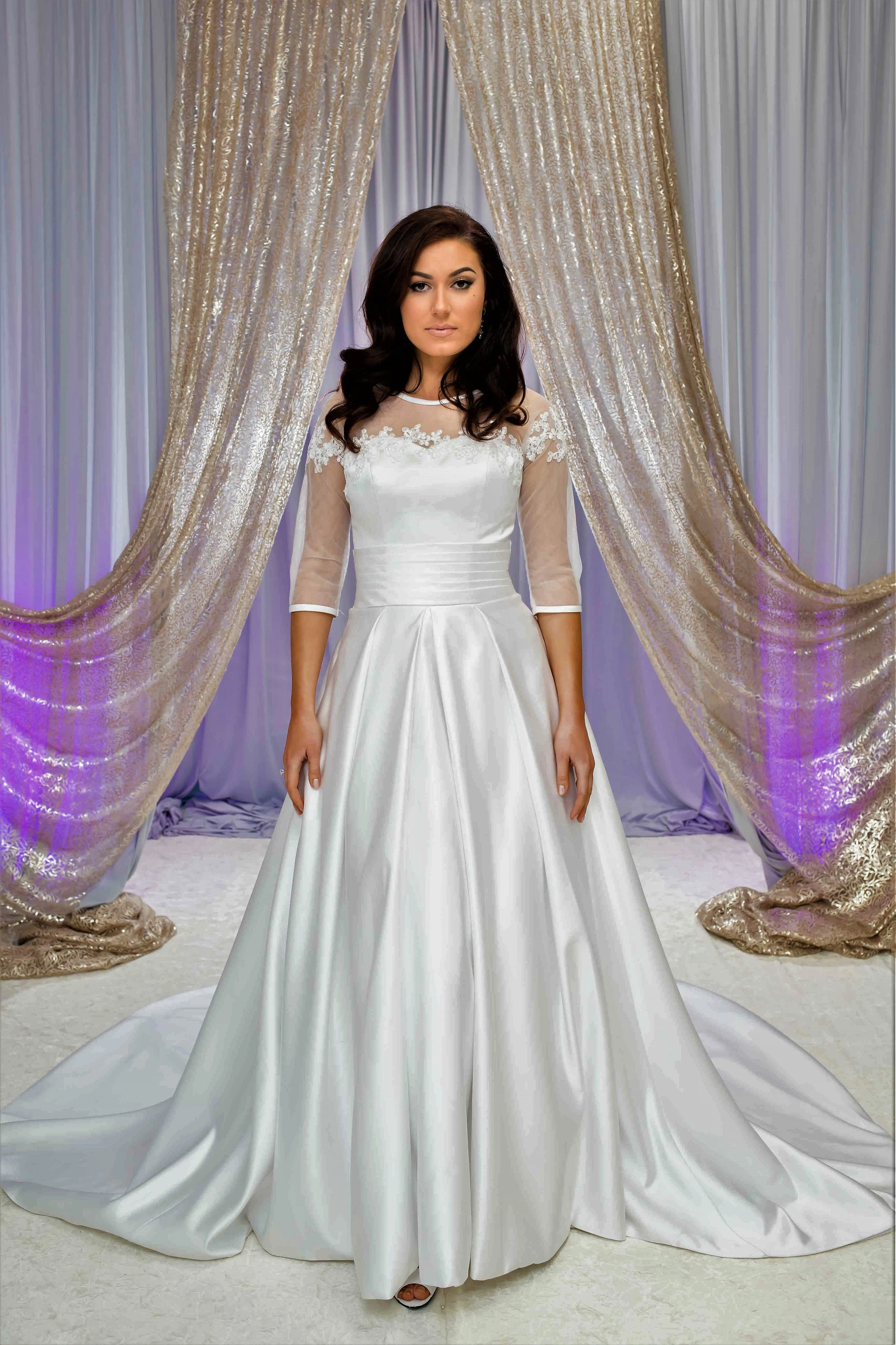 FLORET Illusion Neckline 3/4 Sleeves Satin White Ball Bridal Gown