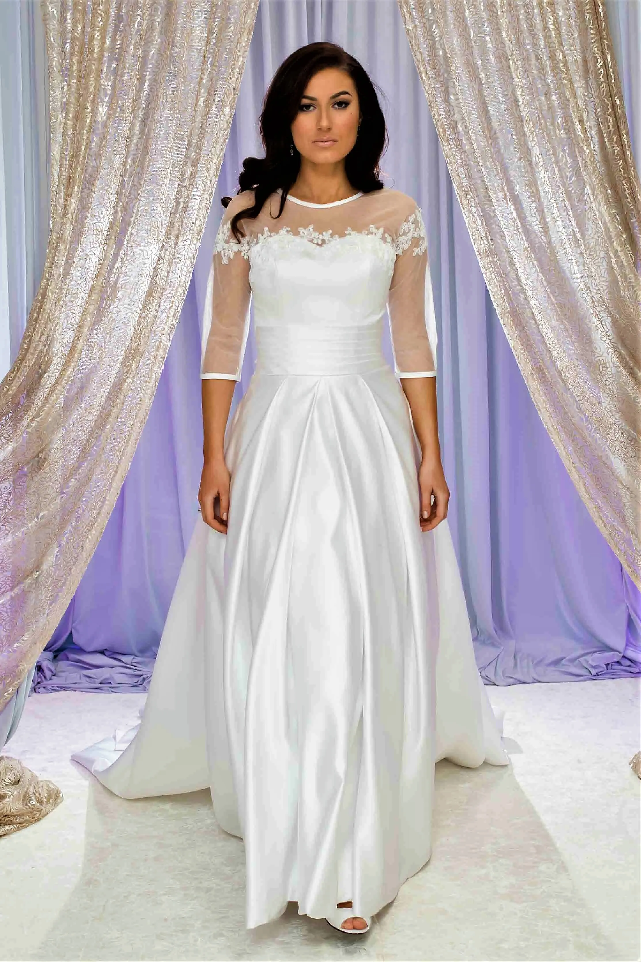 FLORET Illusion Neckline 3/4 Sleeves Satin White Ball Bridal Gown