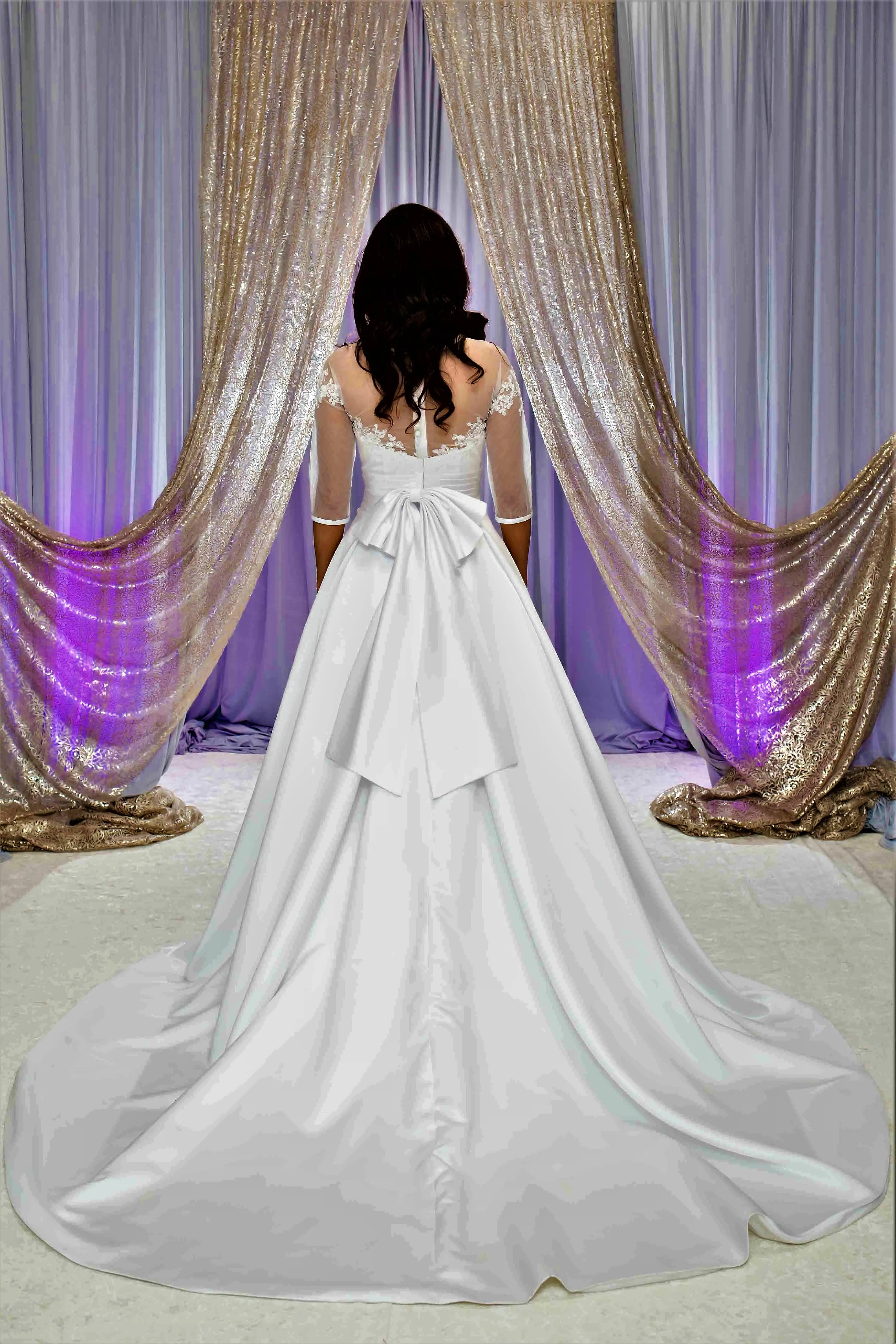 FLORET Illusion Neckline 3/4 Sleeves Satin White Ball Bridal Gown