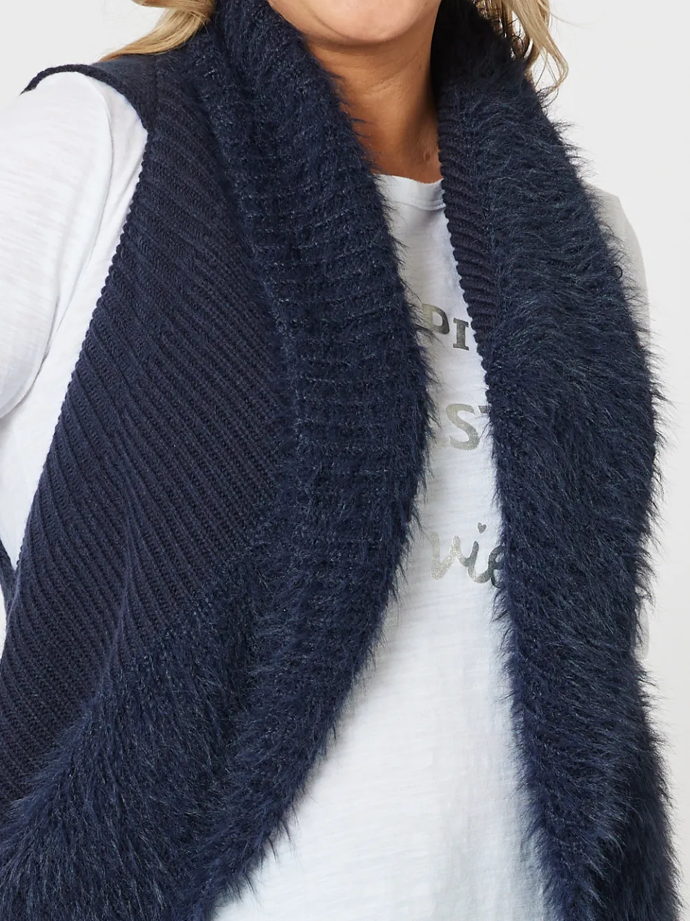 Fluffy Trim Knit Vest - Navy