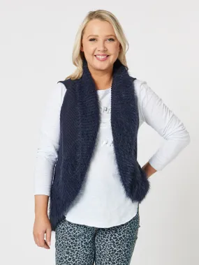 Fluffy Trim Knit Vest - Navy