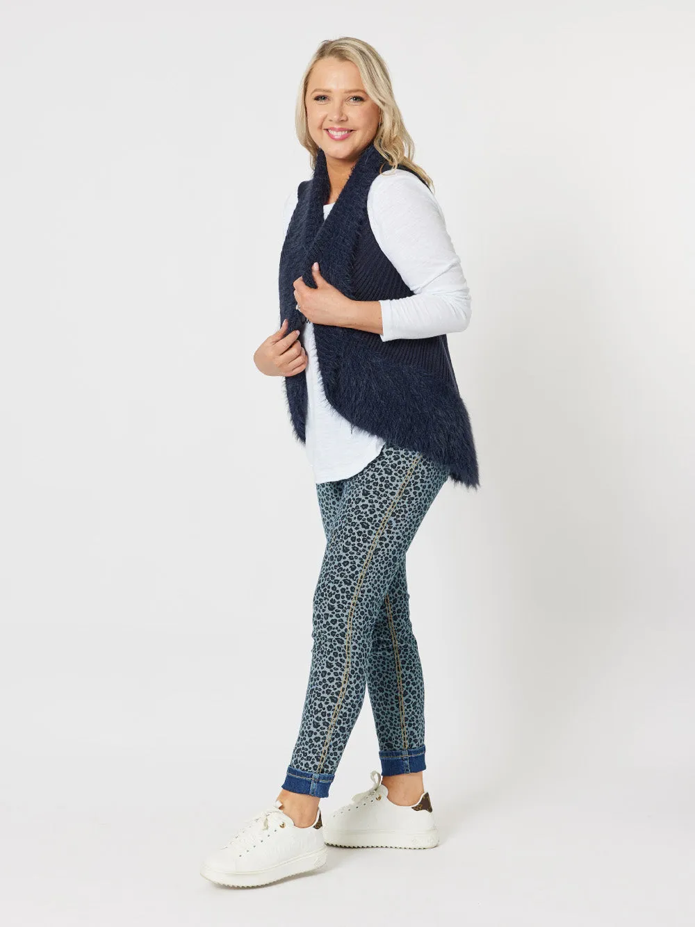 Fluffy Trim Knit Vest - Navy