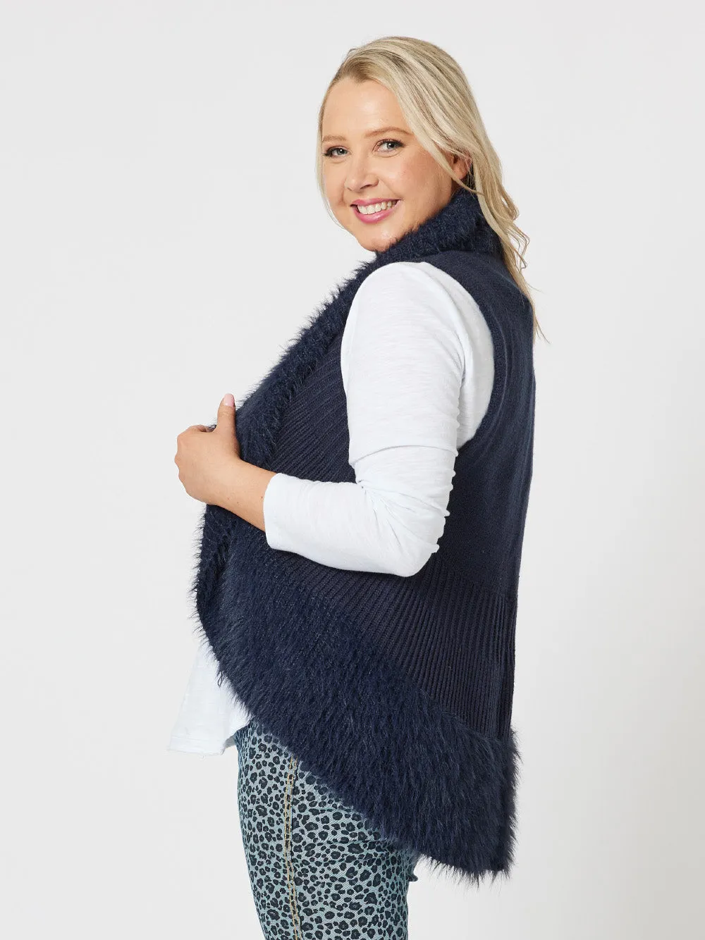 Fluffy Trim Knit Vest - Navy