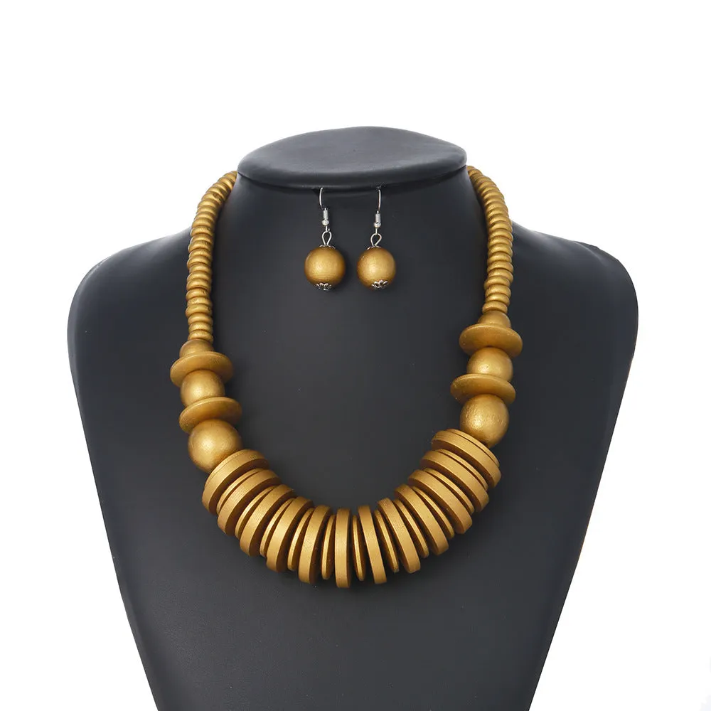 Geometric Black Wood Bead Necklace and Earrings Set - Savanna Rhythms Collection