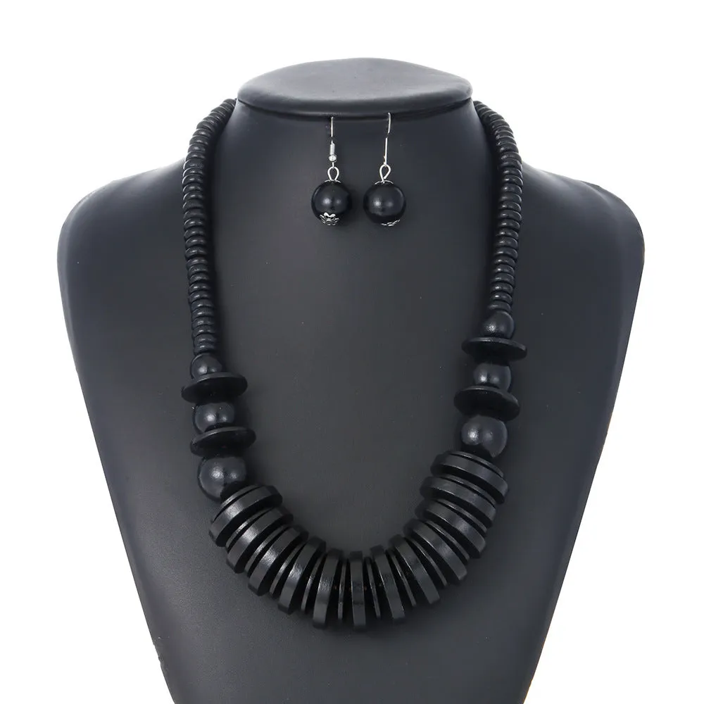 Geometric Black Wood Bead Necklace and Earrings Set - Savanna Rhythms Collection