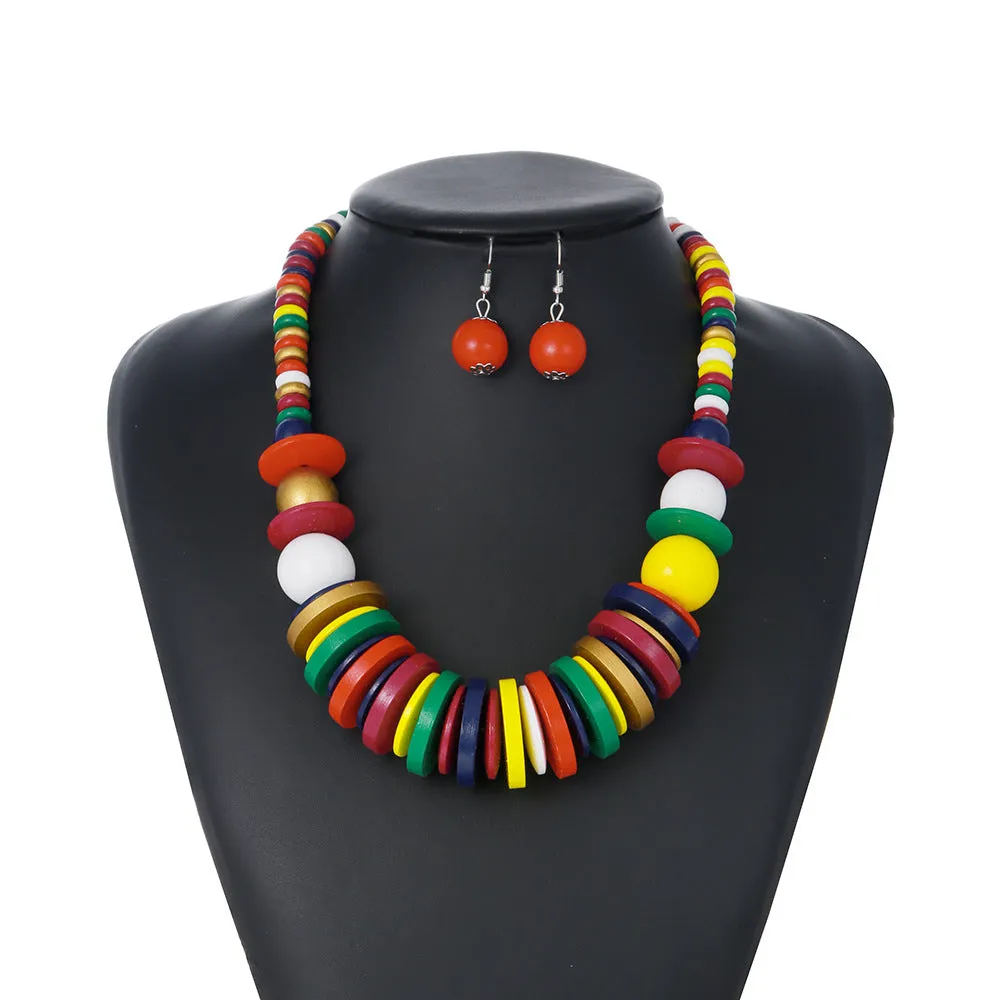 Geometric Black Wood Bead Necklace and Earrings Set - Savanna Rhythms Collection