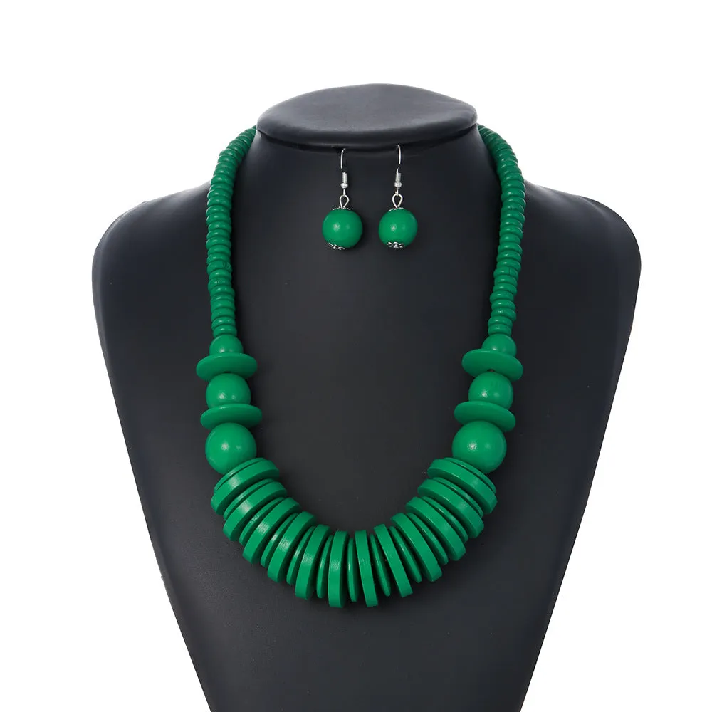 Geometric Black Wood Bead Necklace and Earrings Set - Savanna Rhythms Collection