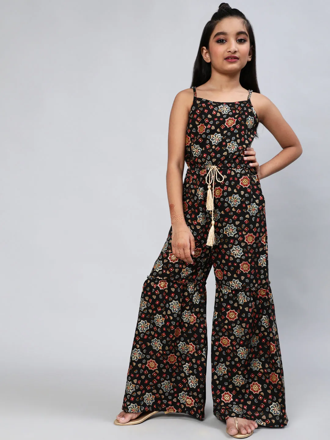 Girl's Black Gold Printed Jumpsuit - Aks Girls