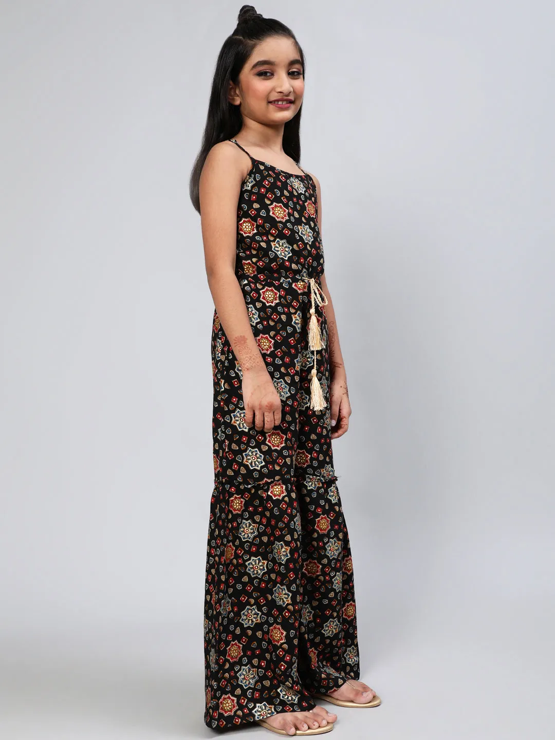 Girl's Black Gold Printed Jumpsuit - Aks Girls