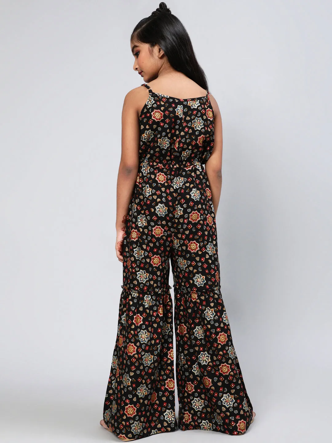 Girl's Black Gold Printed Jumpsuit - Aks Girls