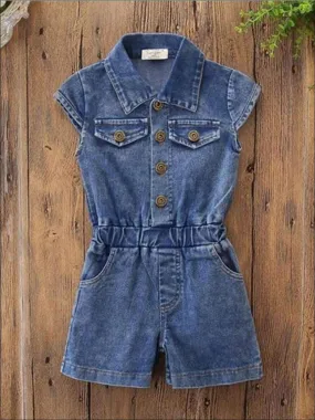 Girls Button Up Denim Jumpsuit Set