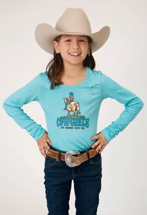 GIRLS LONG SLEEVE KNIT TURQUOISE POLY RAYON LONG SLEEVE  YOKE T T-SHIRT