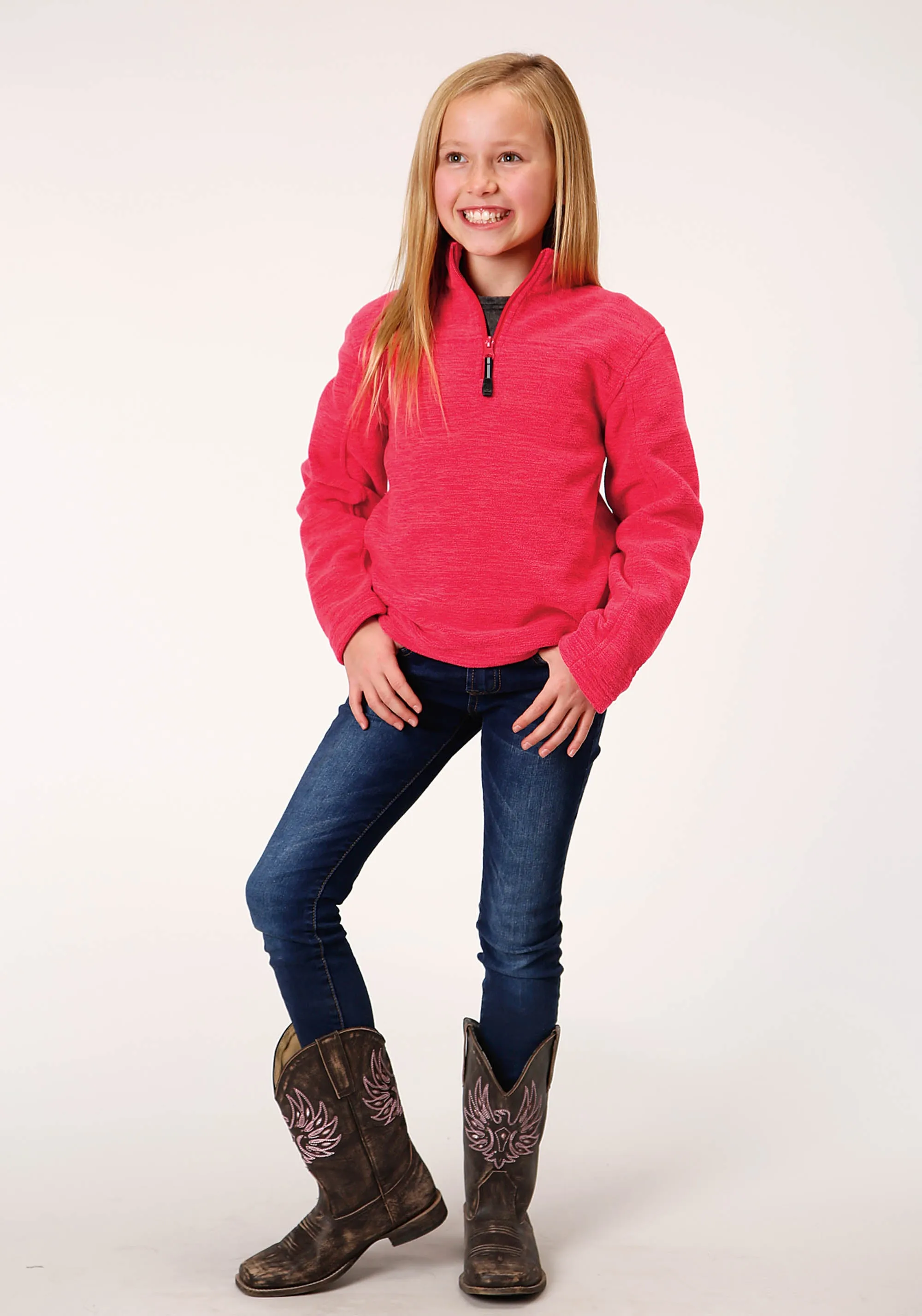 GIRLS  MELANGE NEON PINK MICRO POLAR FLEECE PULLOVER