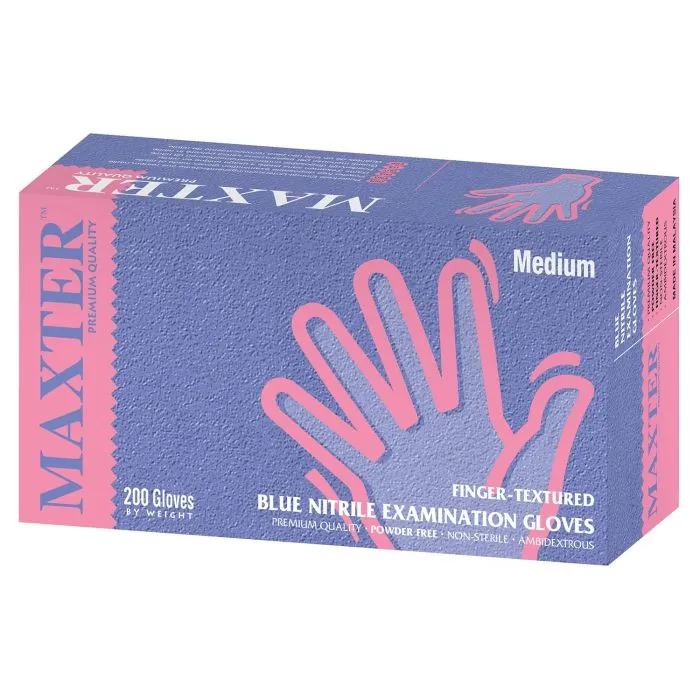 Gloves Nitrile Examination Powder Free Blue 200pk | Maxter Blue Nitrile Powder Free Gloves - M (200)