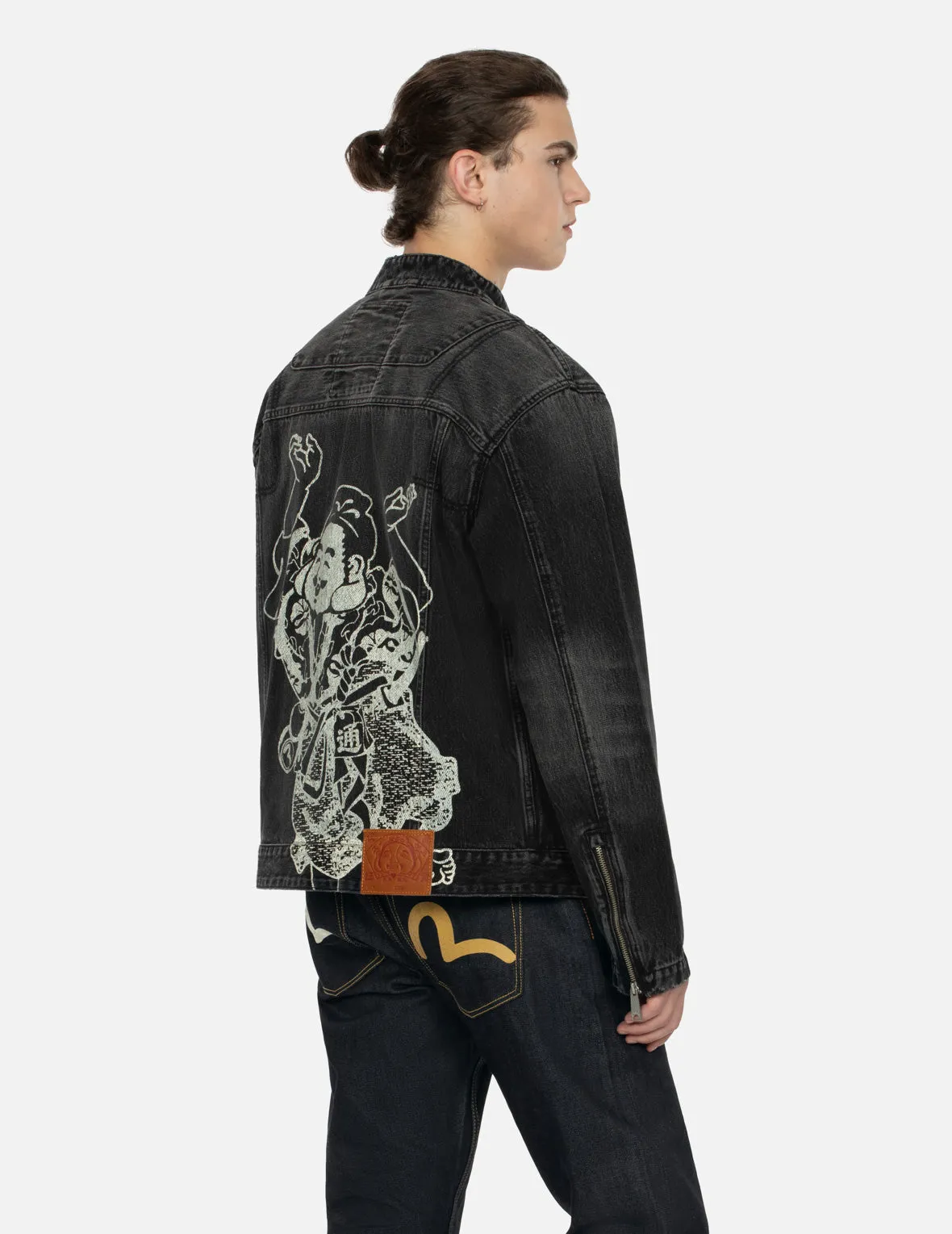 Godhead Print Relax Fit Biker Denim Jacket