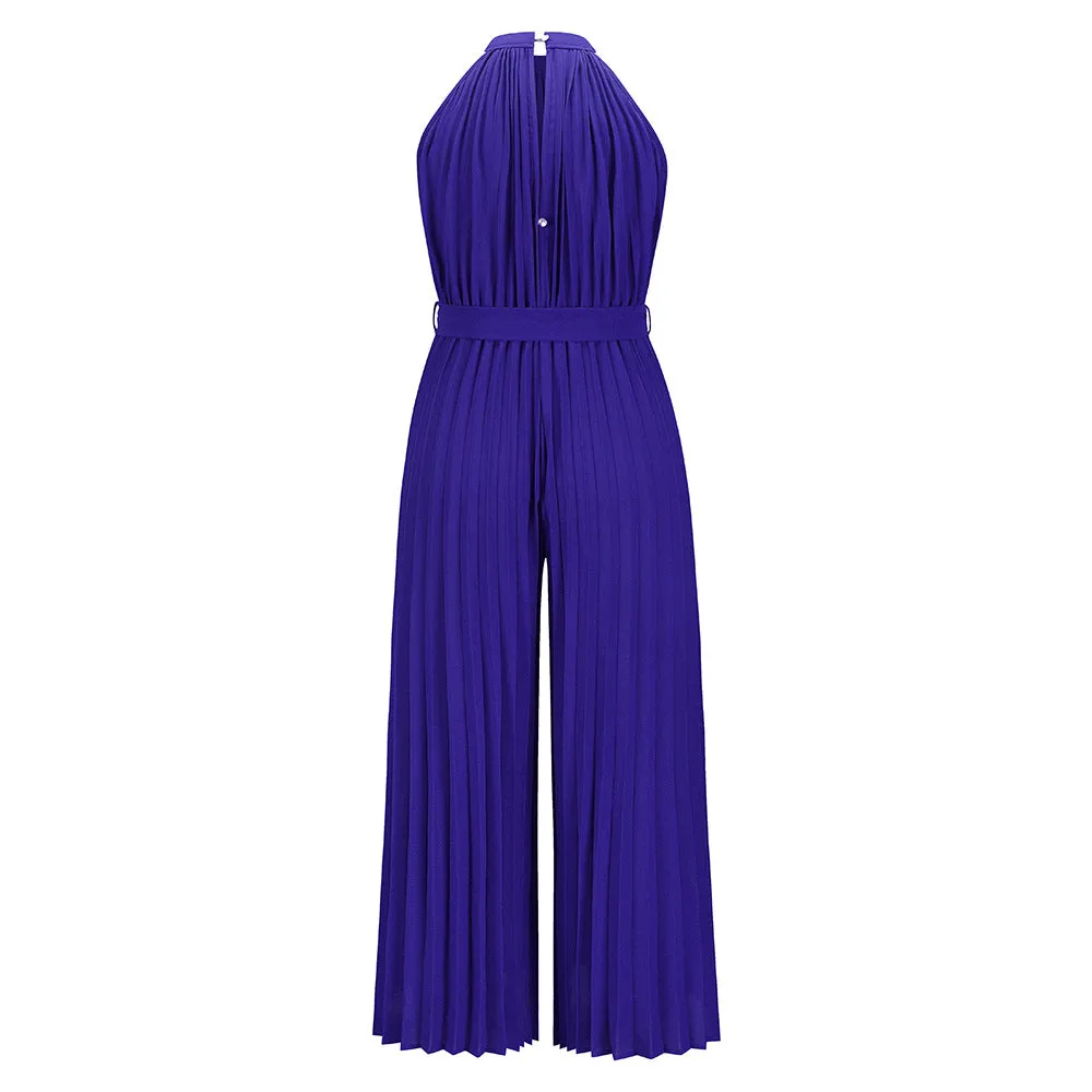 Halter Sleeveless Pleated Summer Belted Slim-fit Pleated Wide Jumpsuit