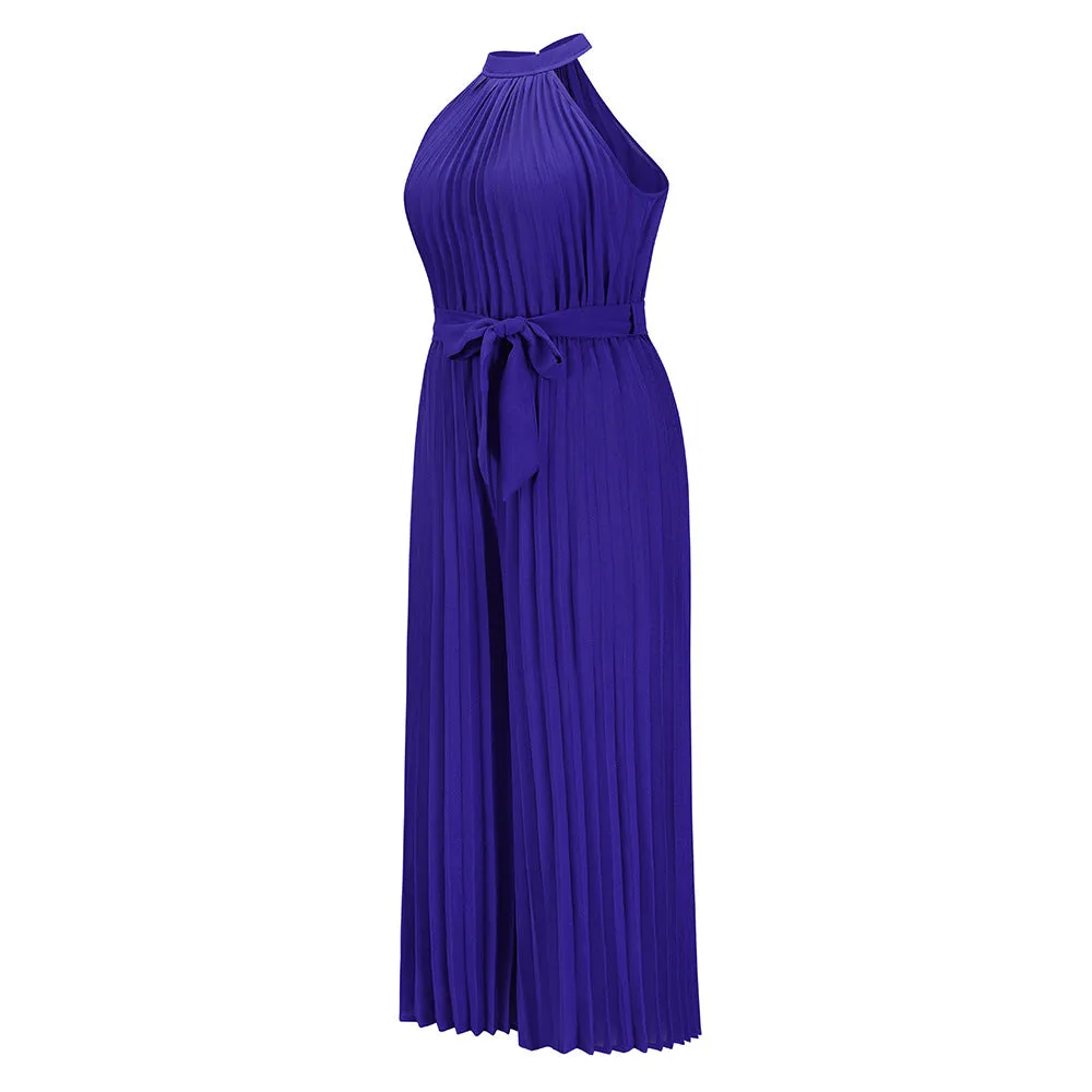 Halter Sleeveless Pleated Summer Belted Slim-fit Pleated Wide Jumpsuit