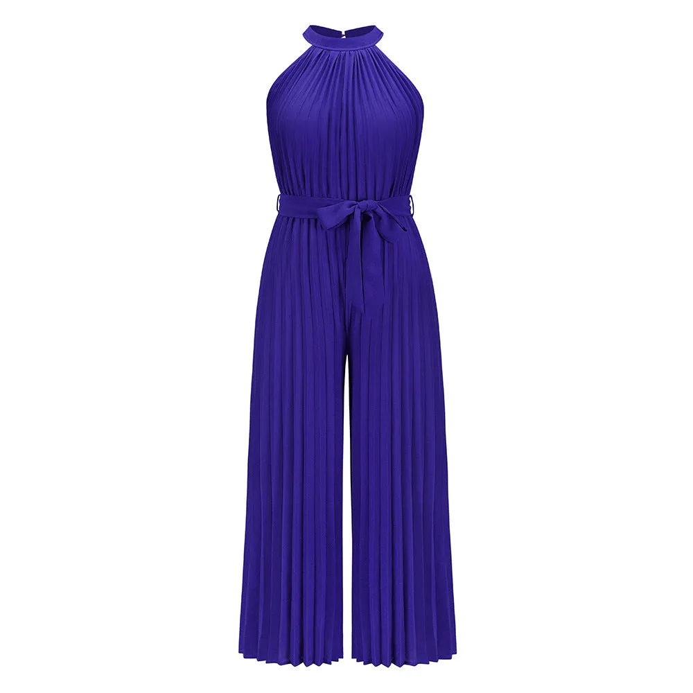 Halter Sleeveless Pleated Summer Belted Slim-fit Pleated Wide Jumpsuit