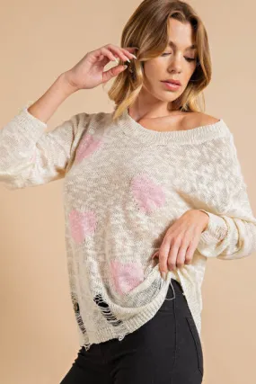 Heart Pattern Distressed Sweater