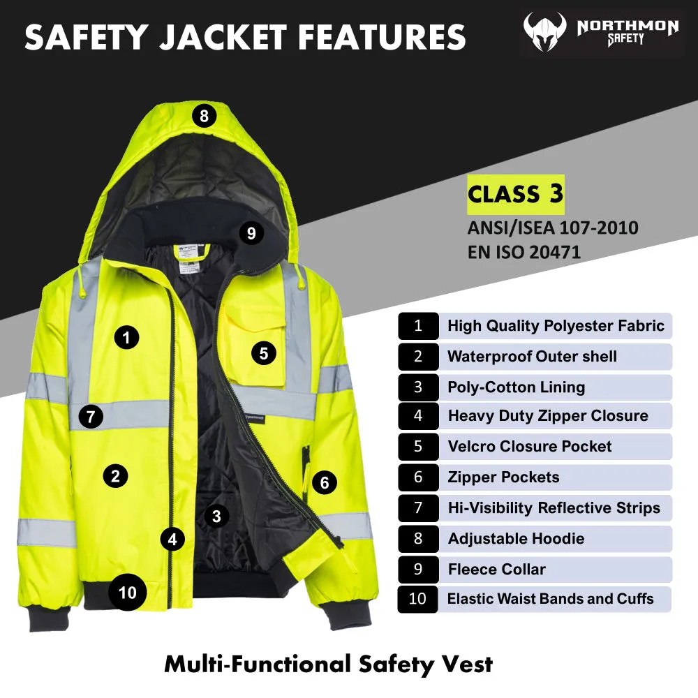 Hi Vis Waterproof Winter Bomber Jacket - ANSI Class 3 - Safety Hi-Vis Lime