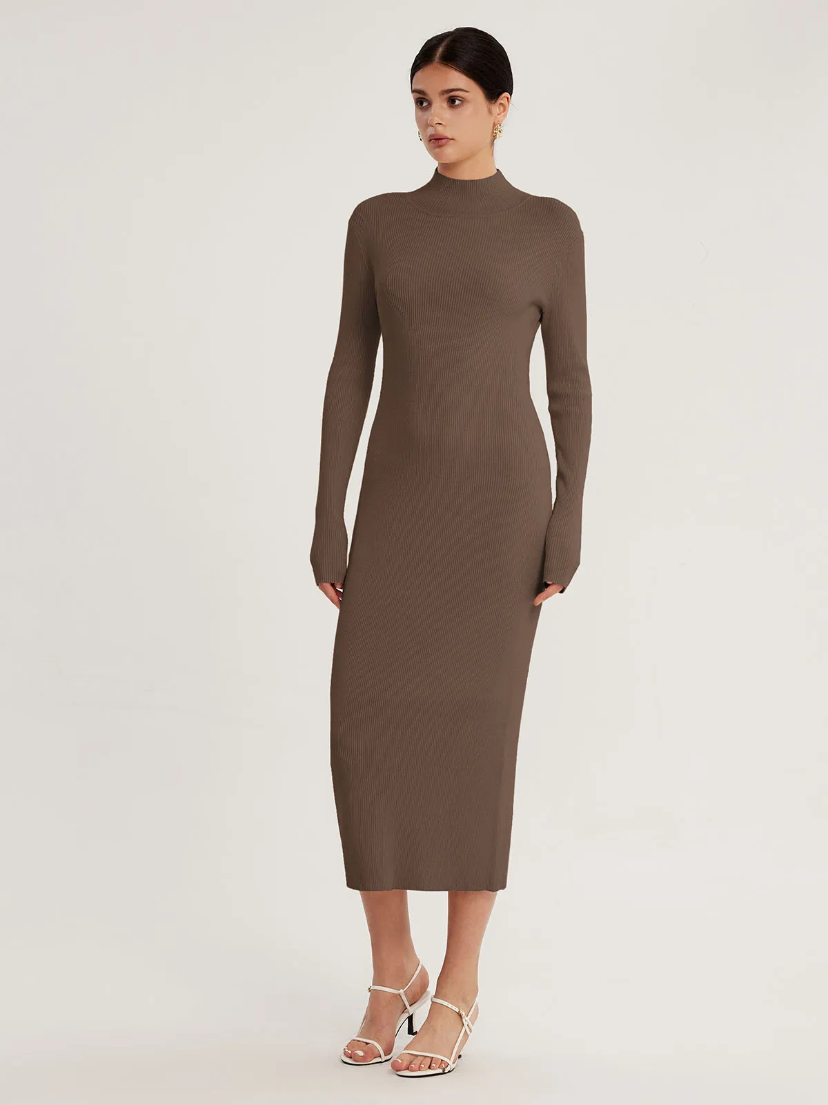 High Neck Long Sleeve Midi Dress