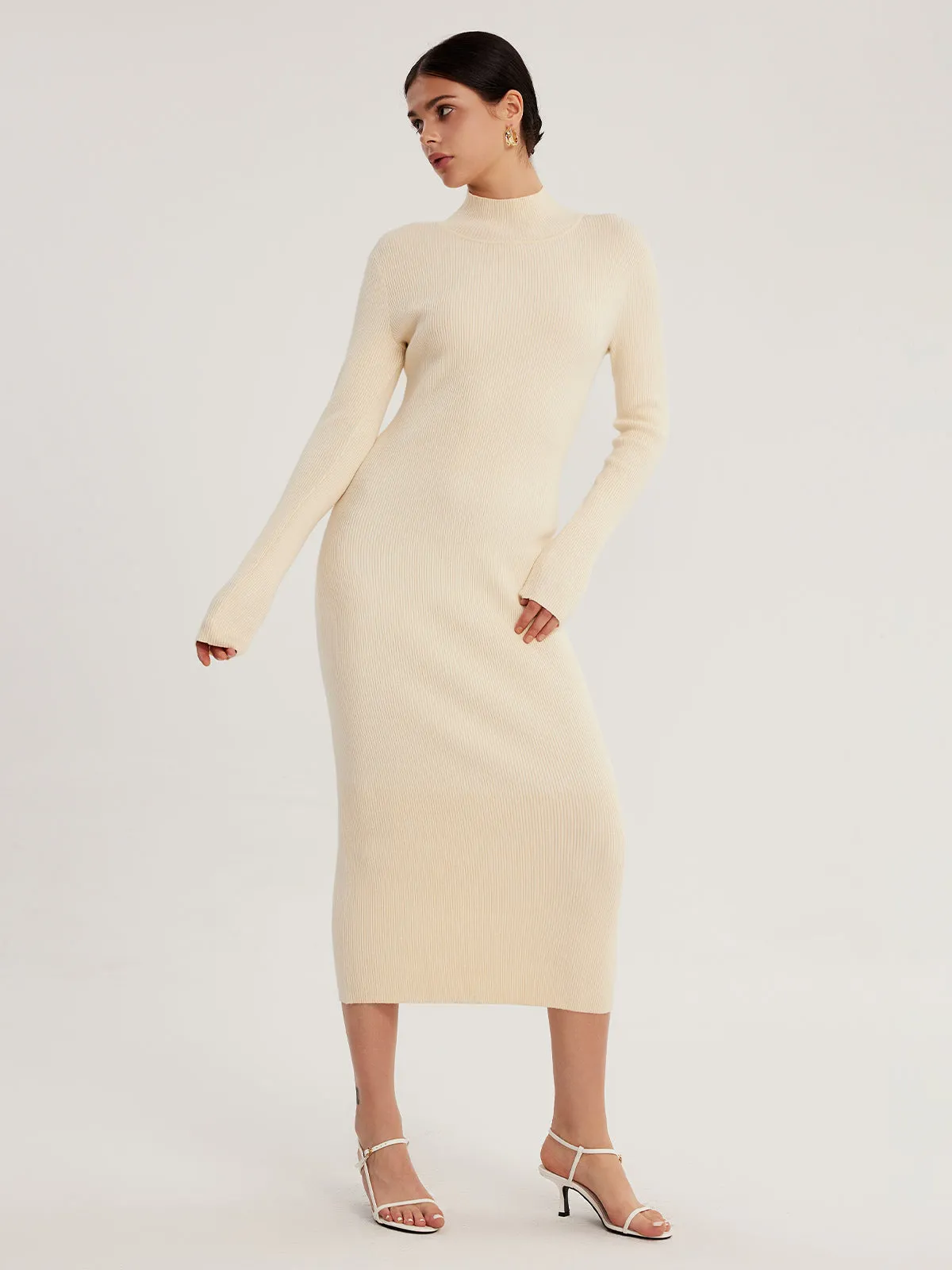 High Neck Long Sleeve Midi Dress