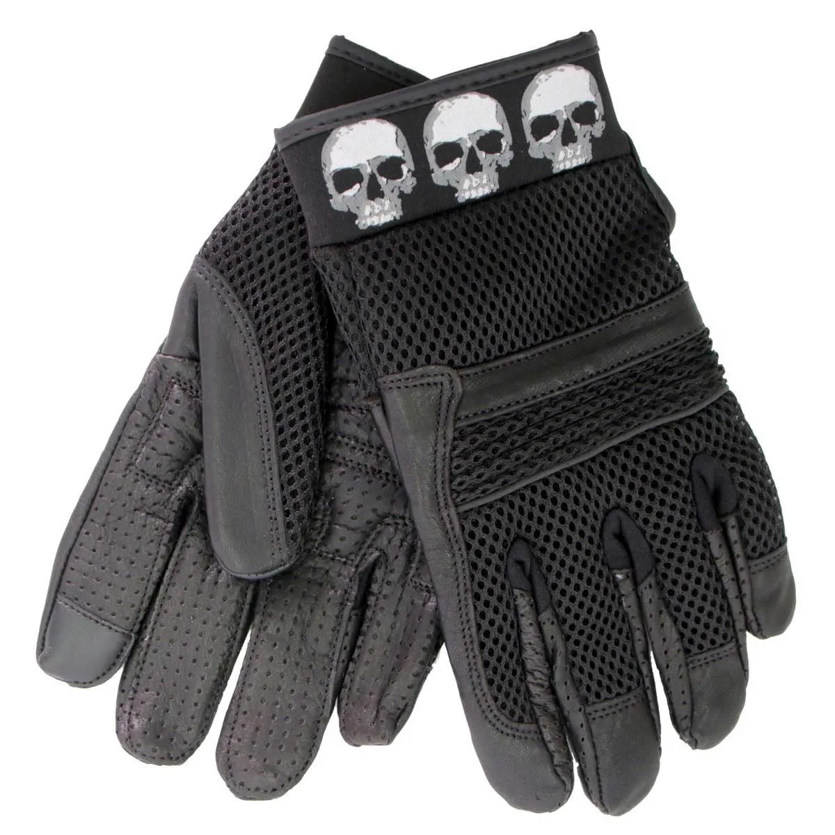 Hot Leathers GVM1301 Uni-Sex Black 'Row of Skulls' Leather and Mesh