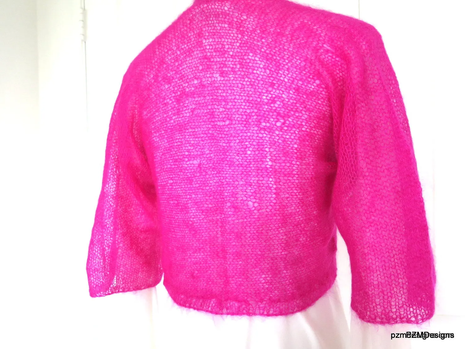 Hot Pink Silk Mohair Cropped Hand Knit Jacket Sweater