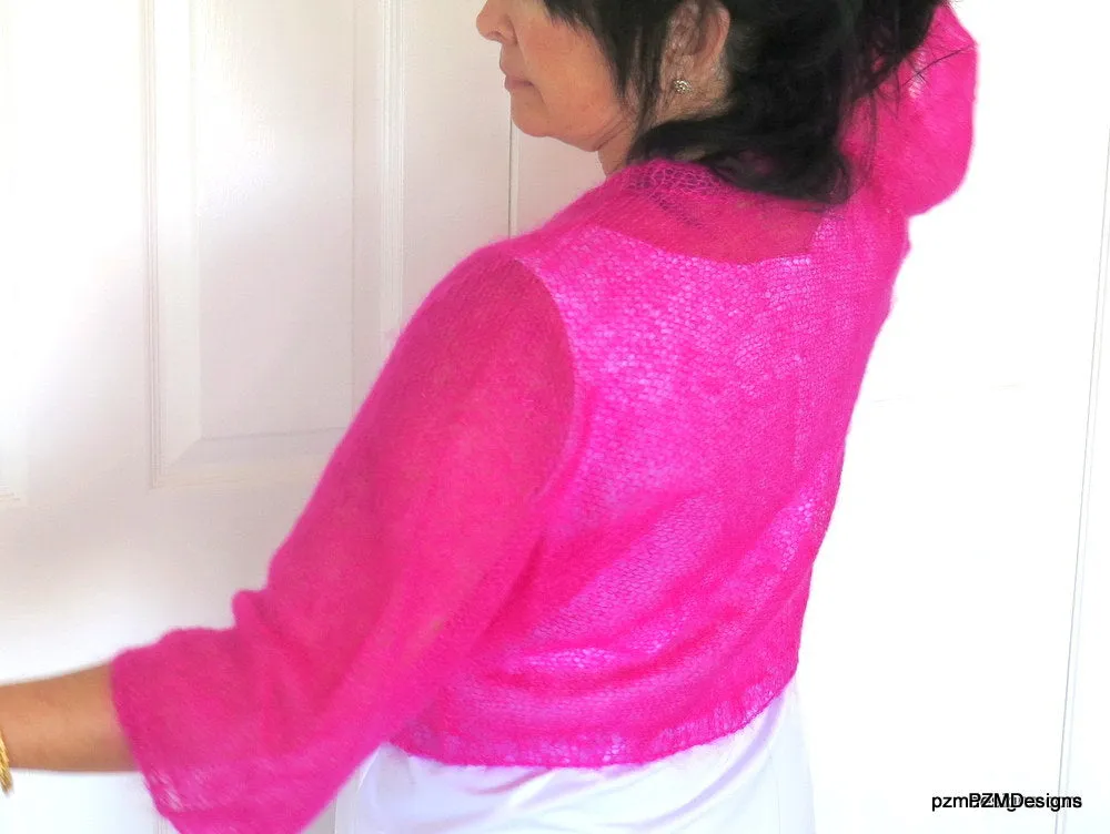 Hot Pink Silk Mohair Cropped Hand Knit Jacket Sweater