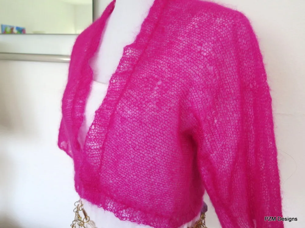 Hot Pink Silk Mohair Cropped Hand Knit Jacket Sweater