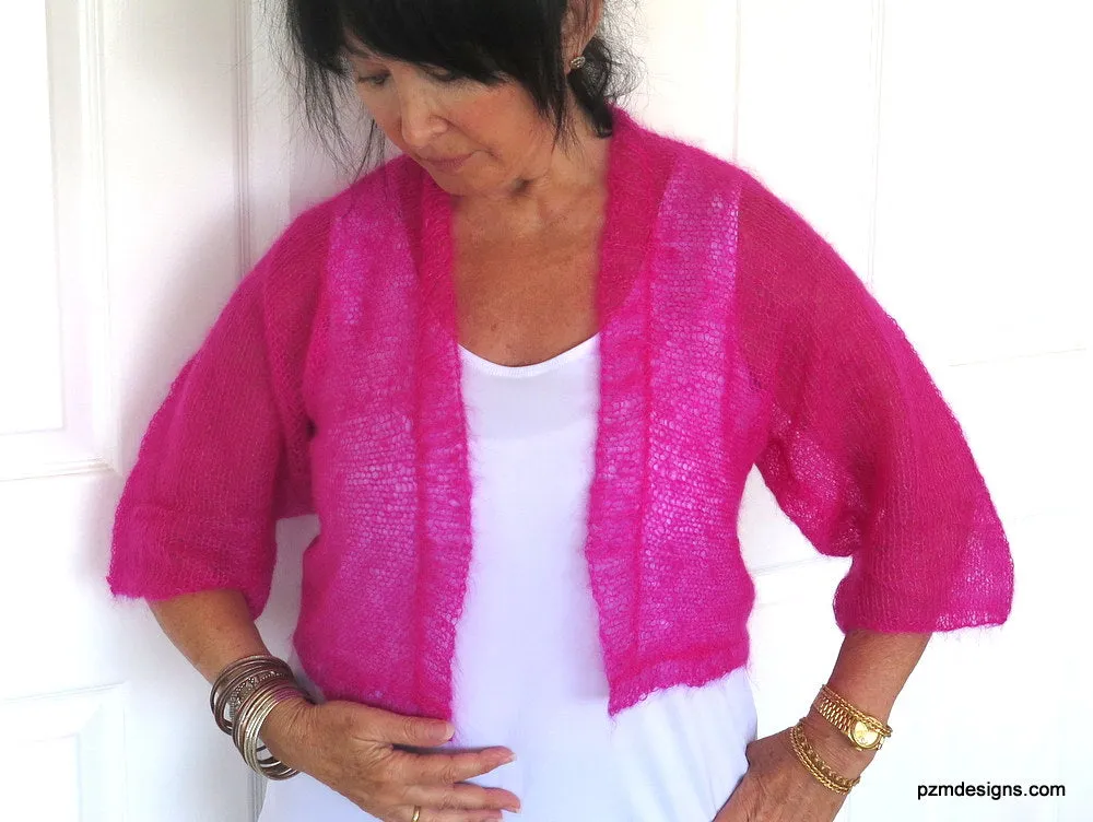 Hot Pink Silk Mohair Cropped Hand Knit Jacket Sweater