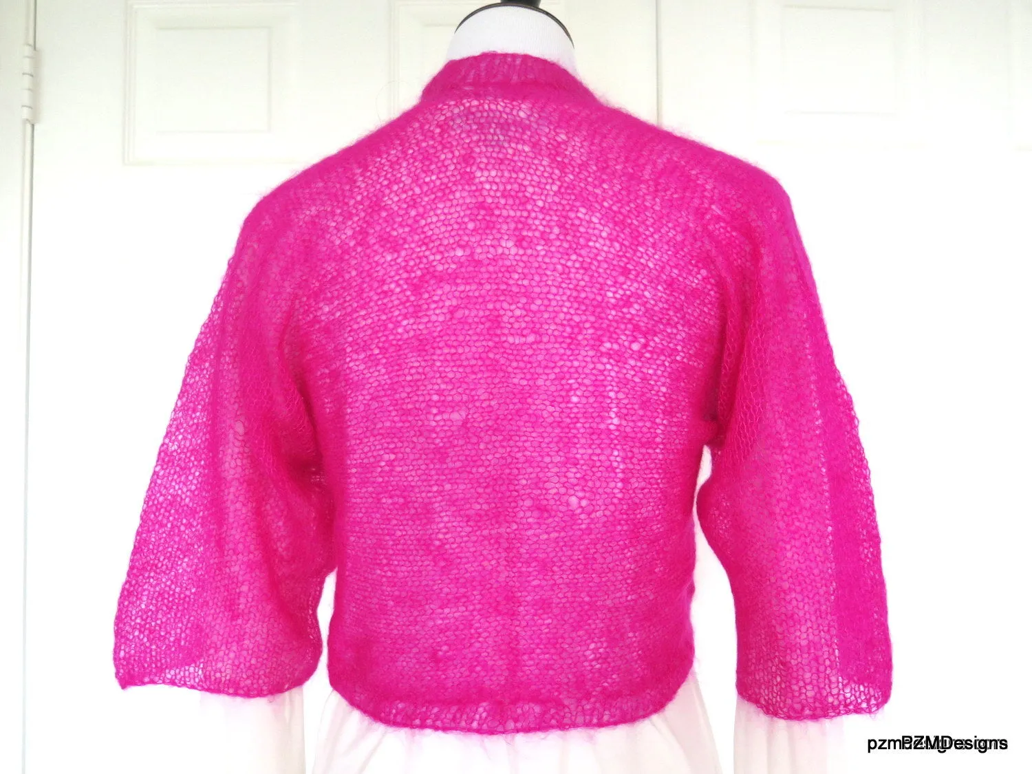 Hot Pink Silk Mohair Cropped Hand Knit Jacket Sweater