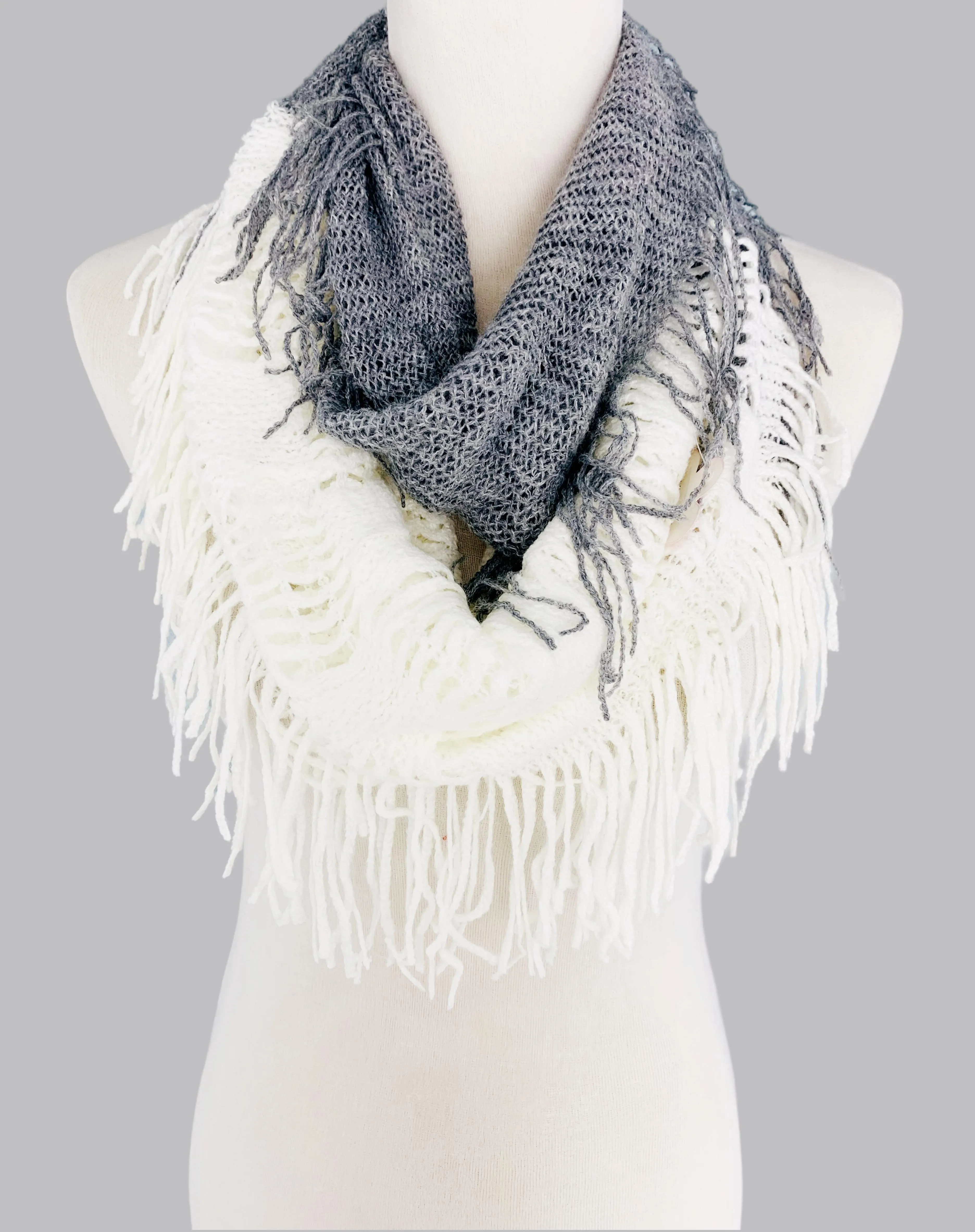 HY-IFZZ Two-Tone Fringe-Detailed Circle Infinity Scarf