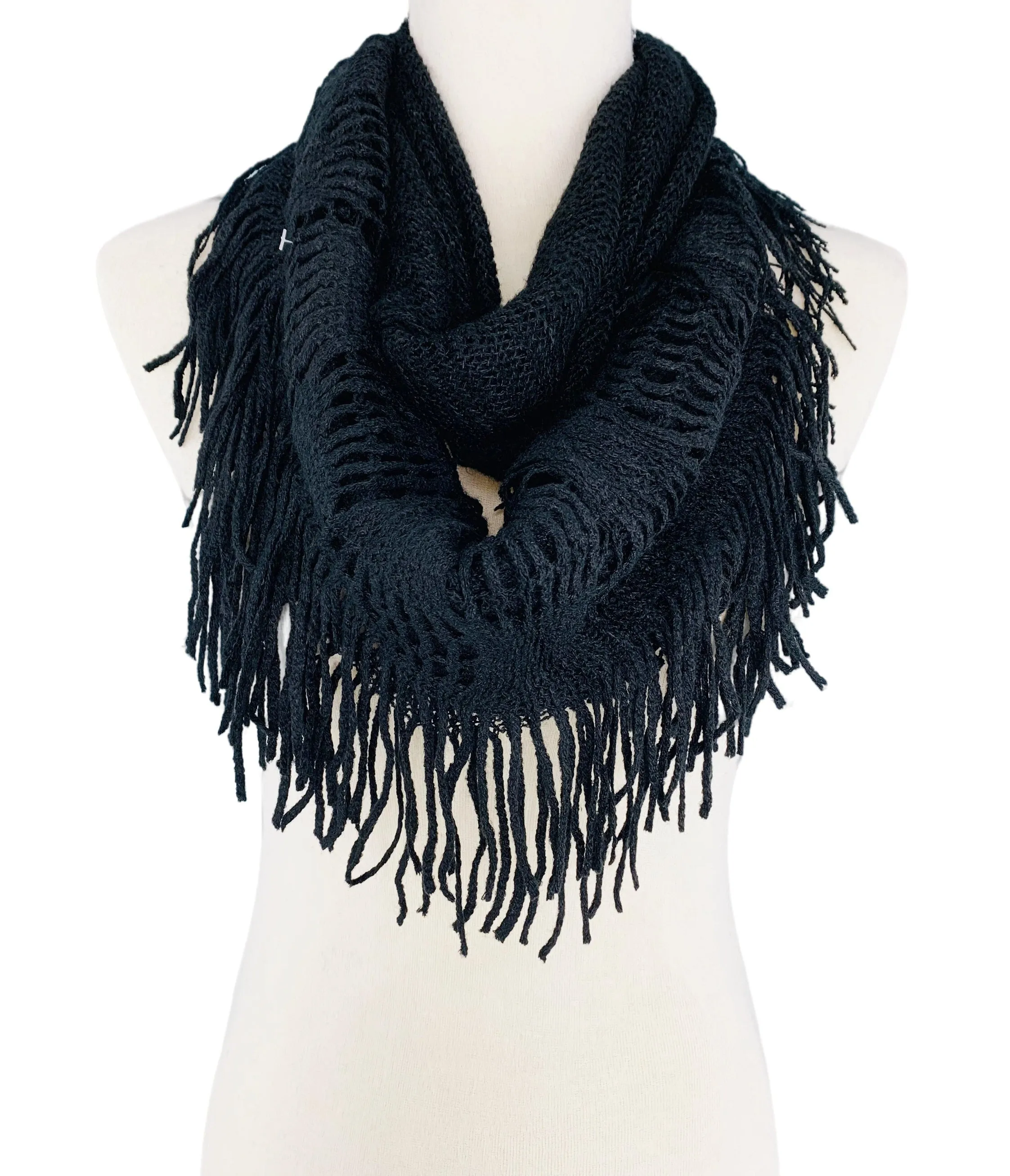 HY-IFZZ Two-Tone Fringe-Detailed Circle Infinity Scarf